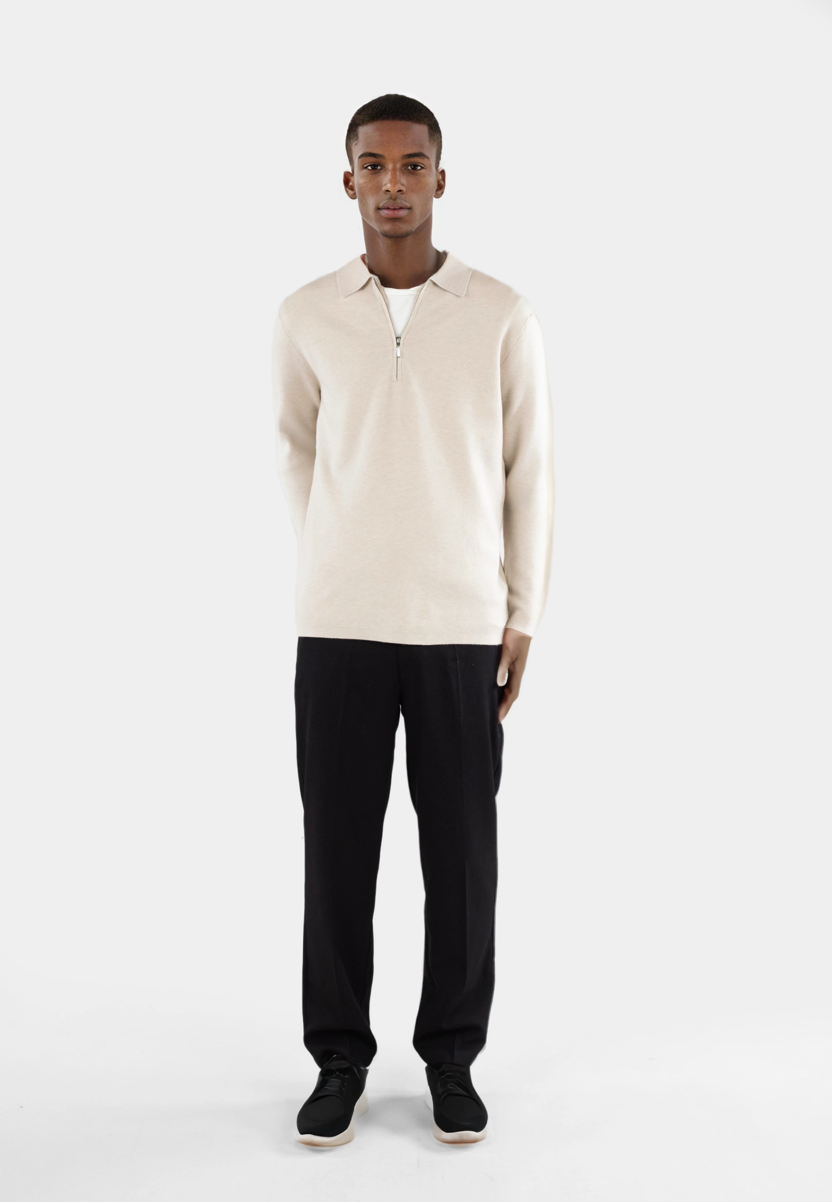 Caleb stickad tröja halfzip - Beige