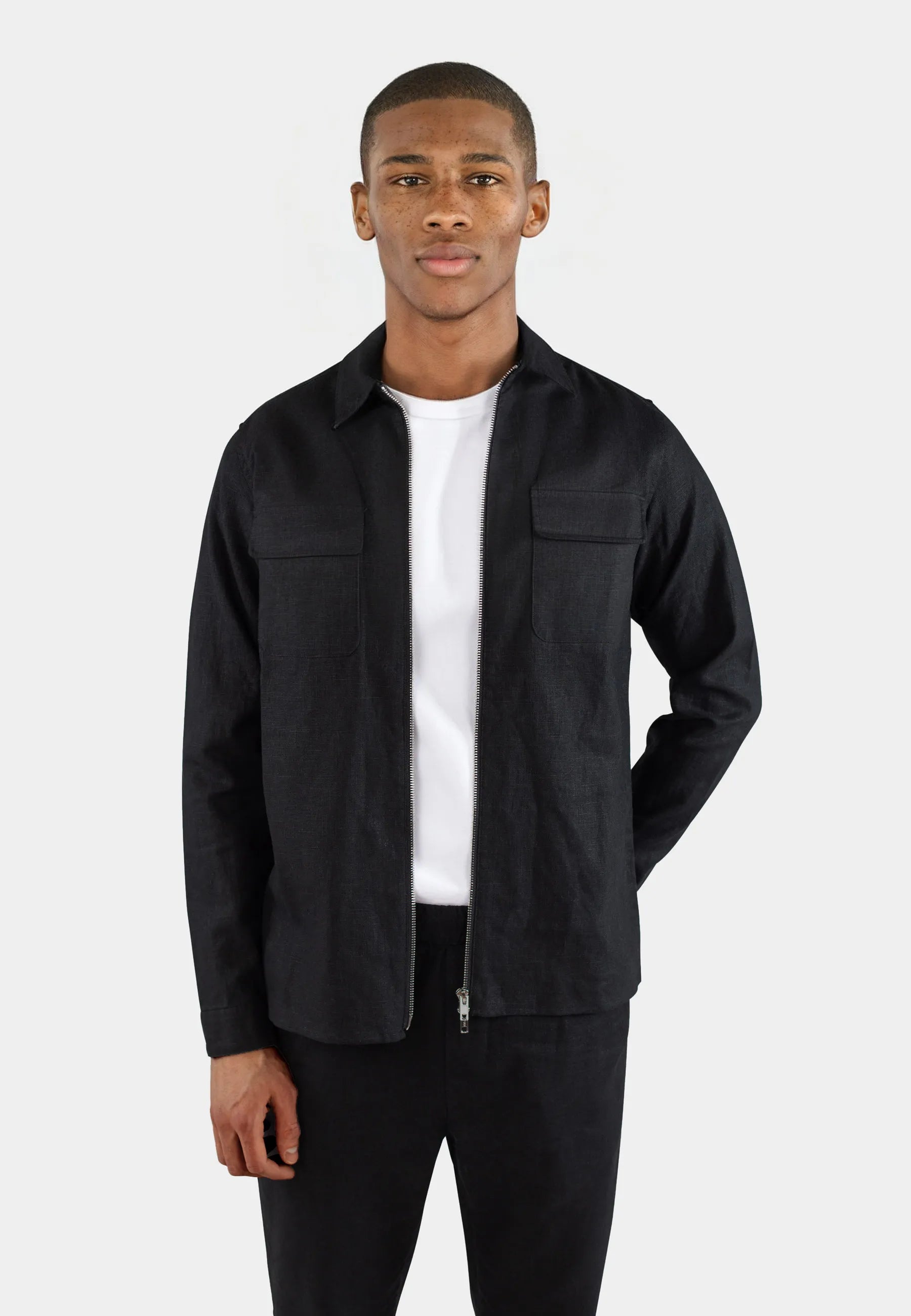 Linen zip short set - Black
