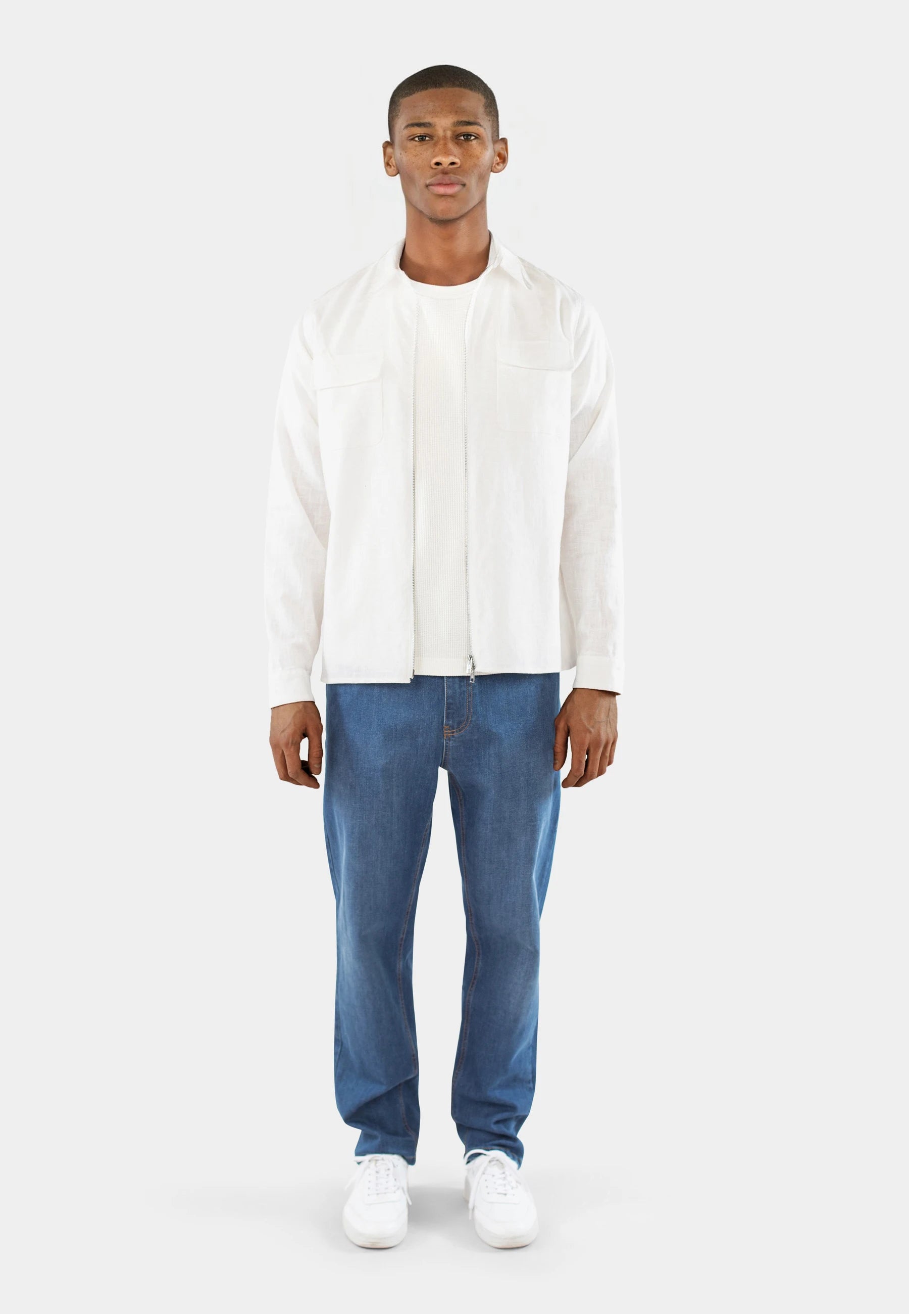 Linen zip short set - White