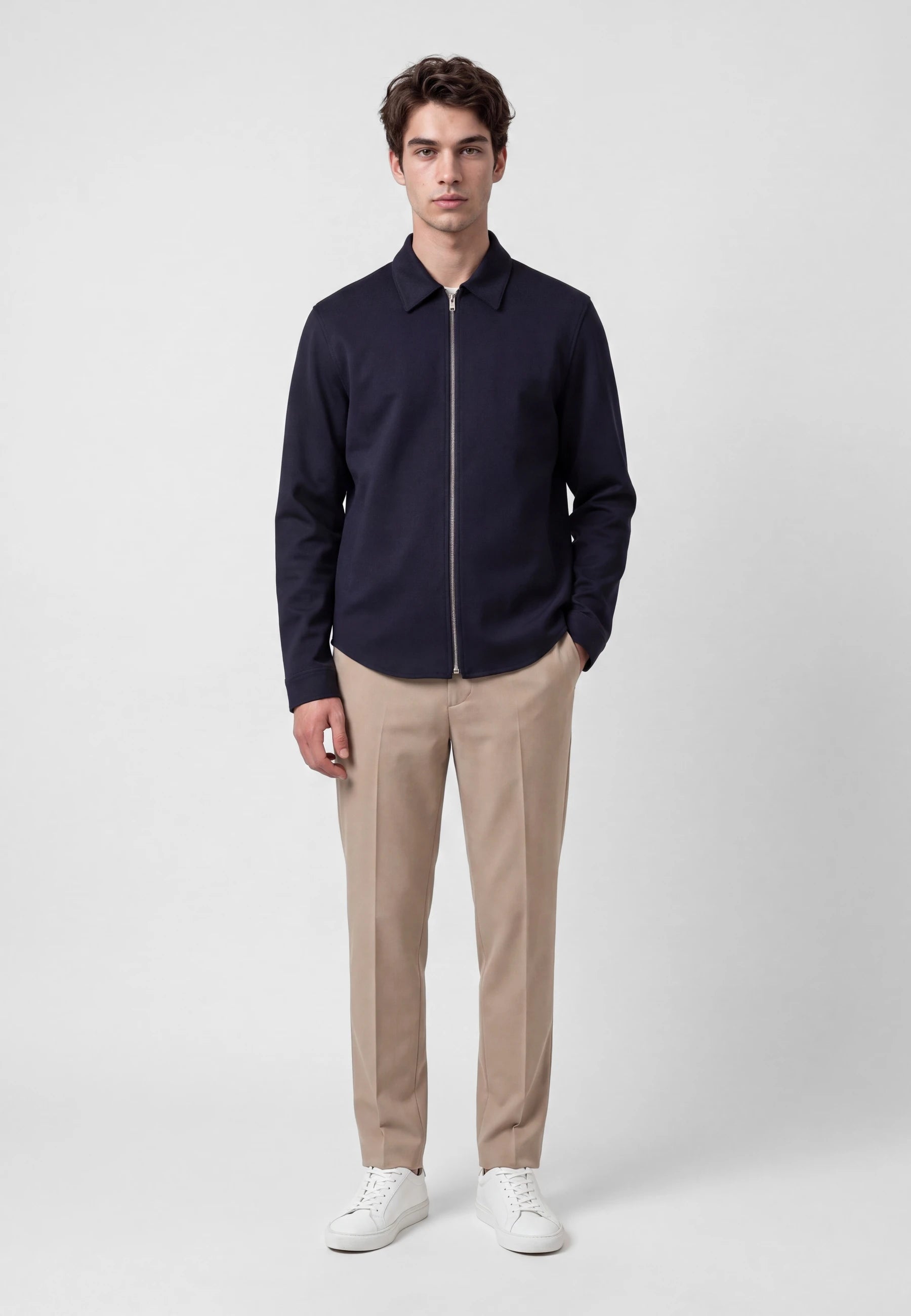 Aden superior stretch overshirt - Navy, front view on model