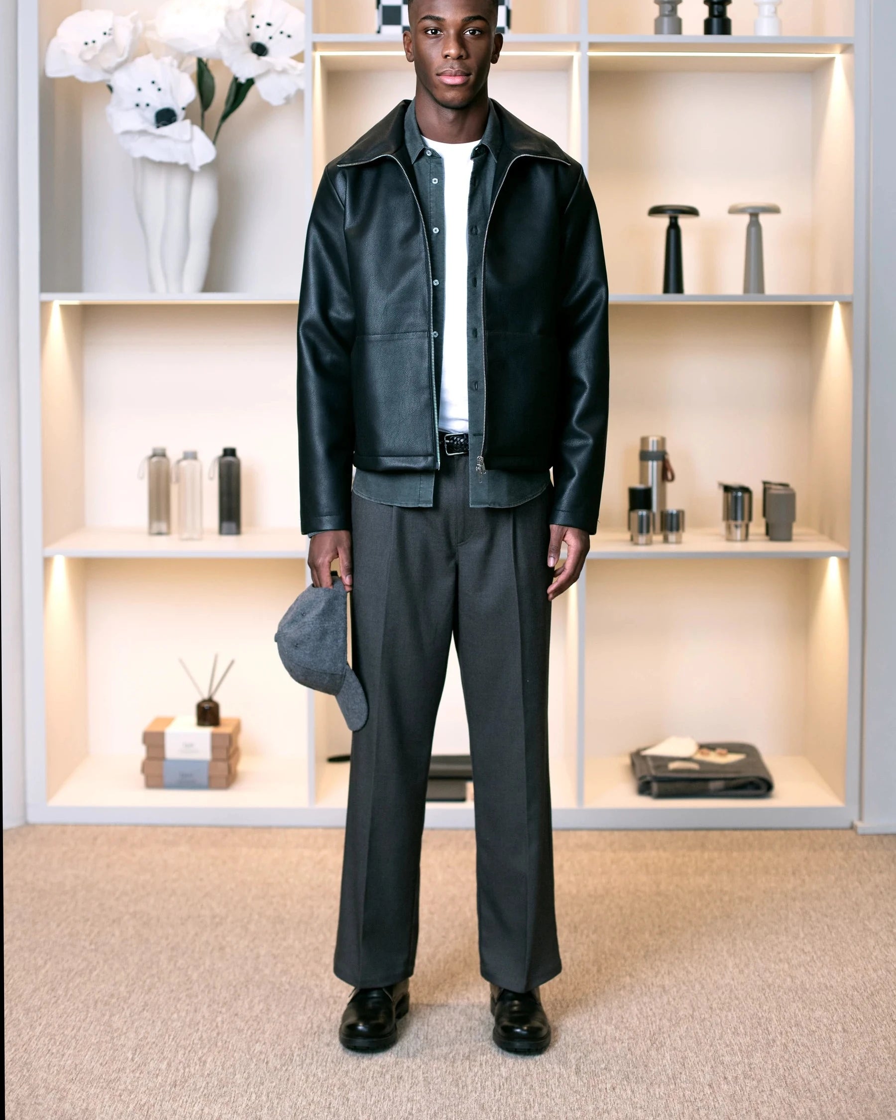 Ciszere AW26 Past Forward - grey trousers with leather jacket