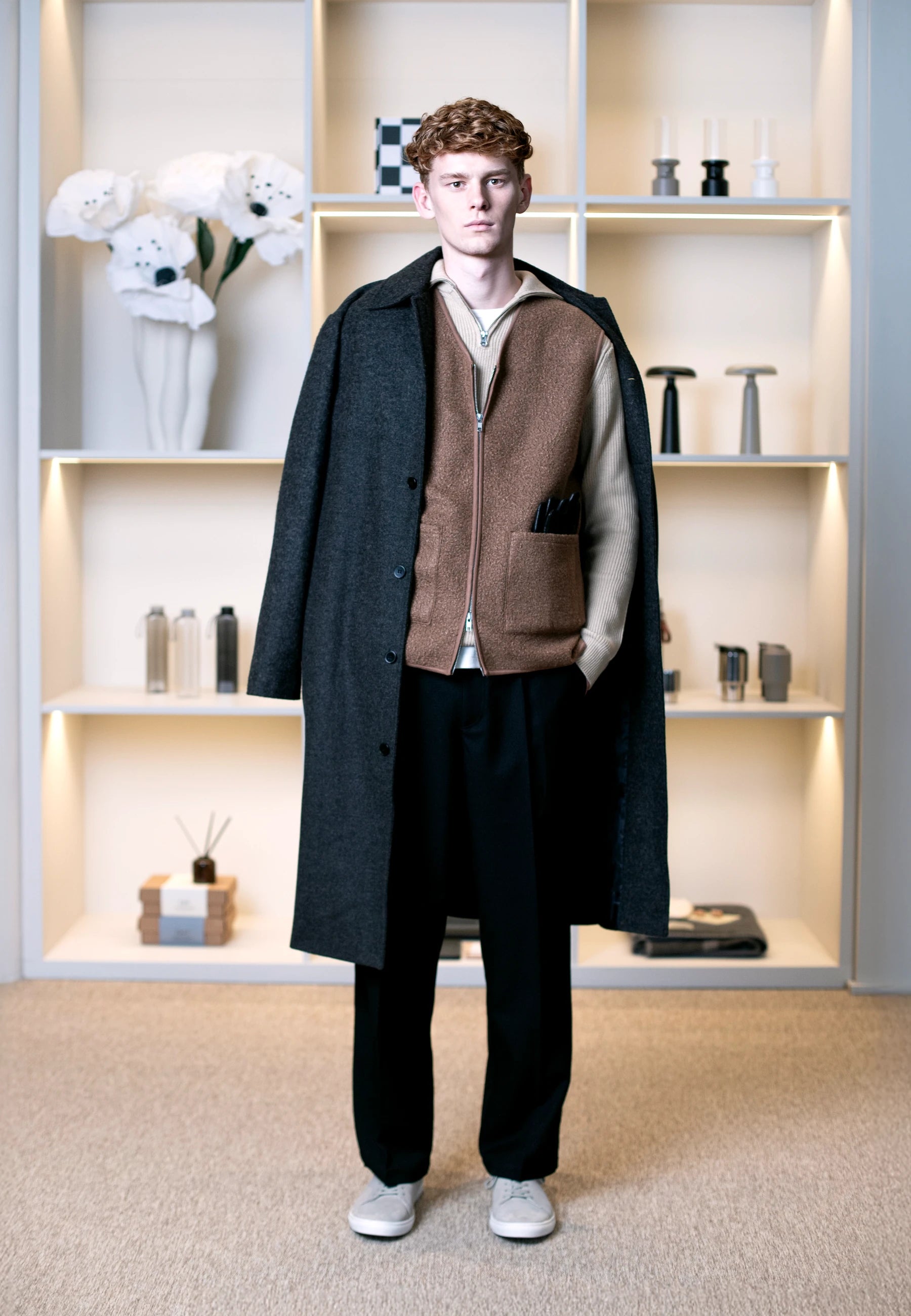 Ciszere AW26 Past Forward - grey wool coat over brown knit