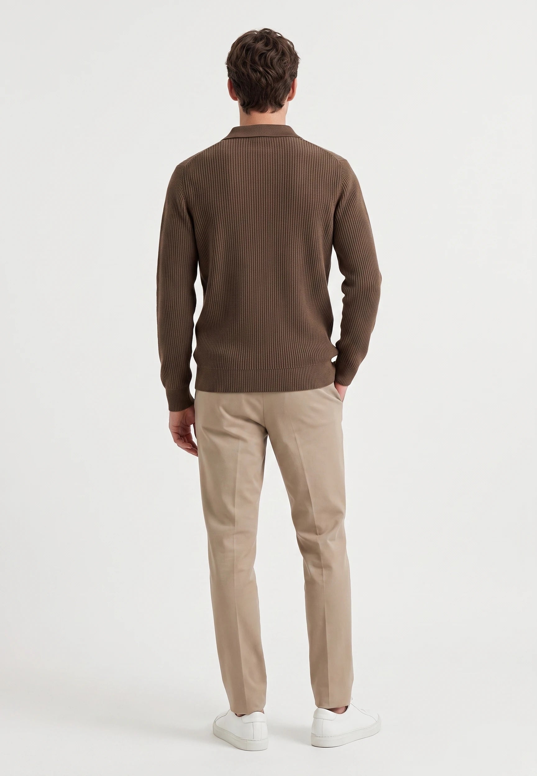 Derek knitted polo - Mocha brown, back view on model