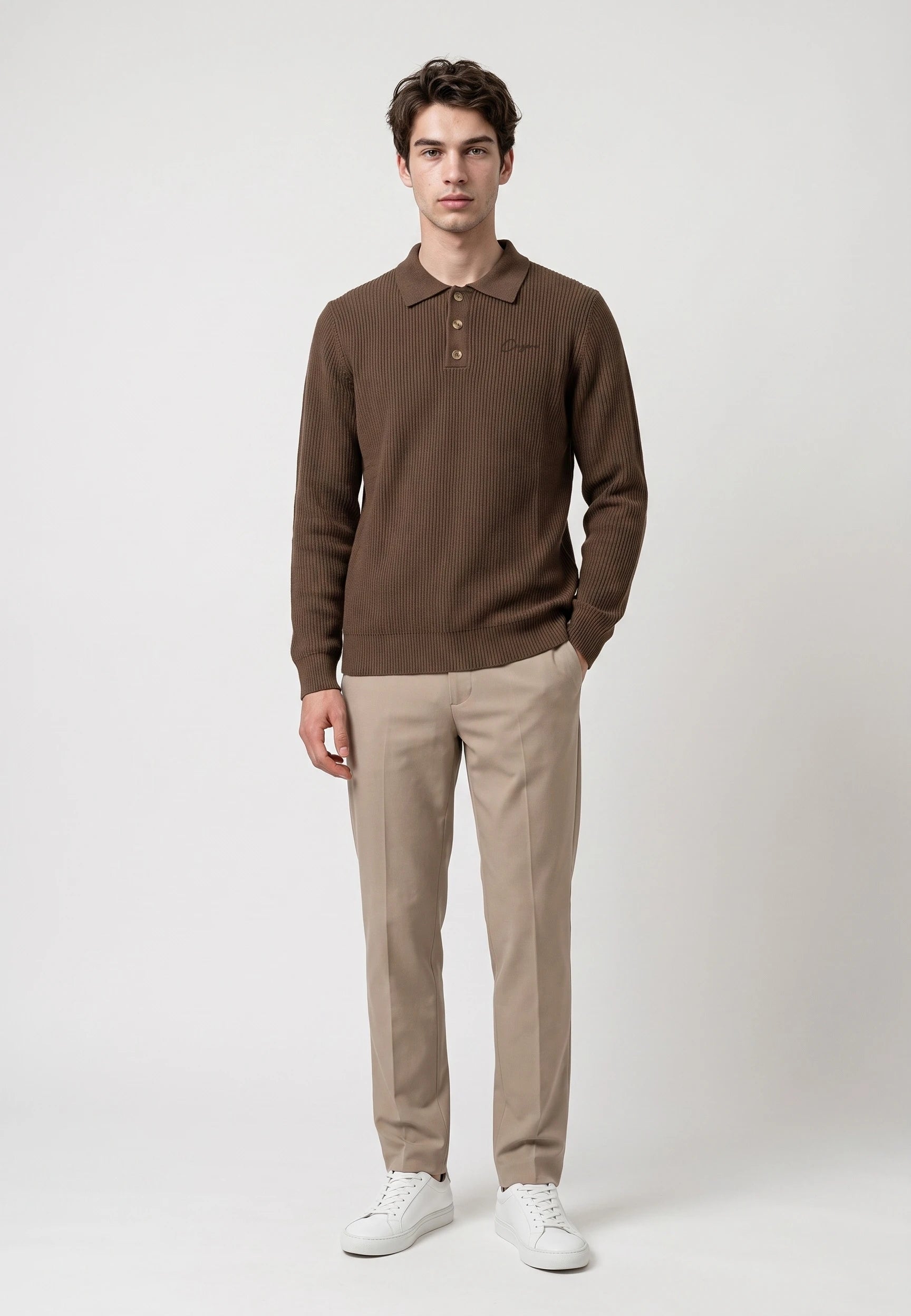 Derek knitted polo - Mocha brown, front view on model