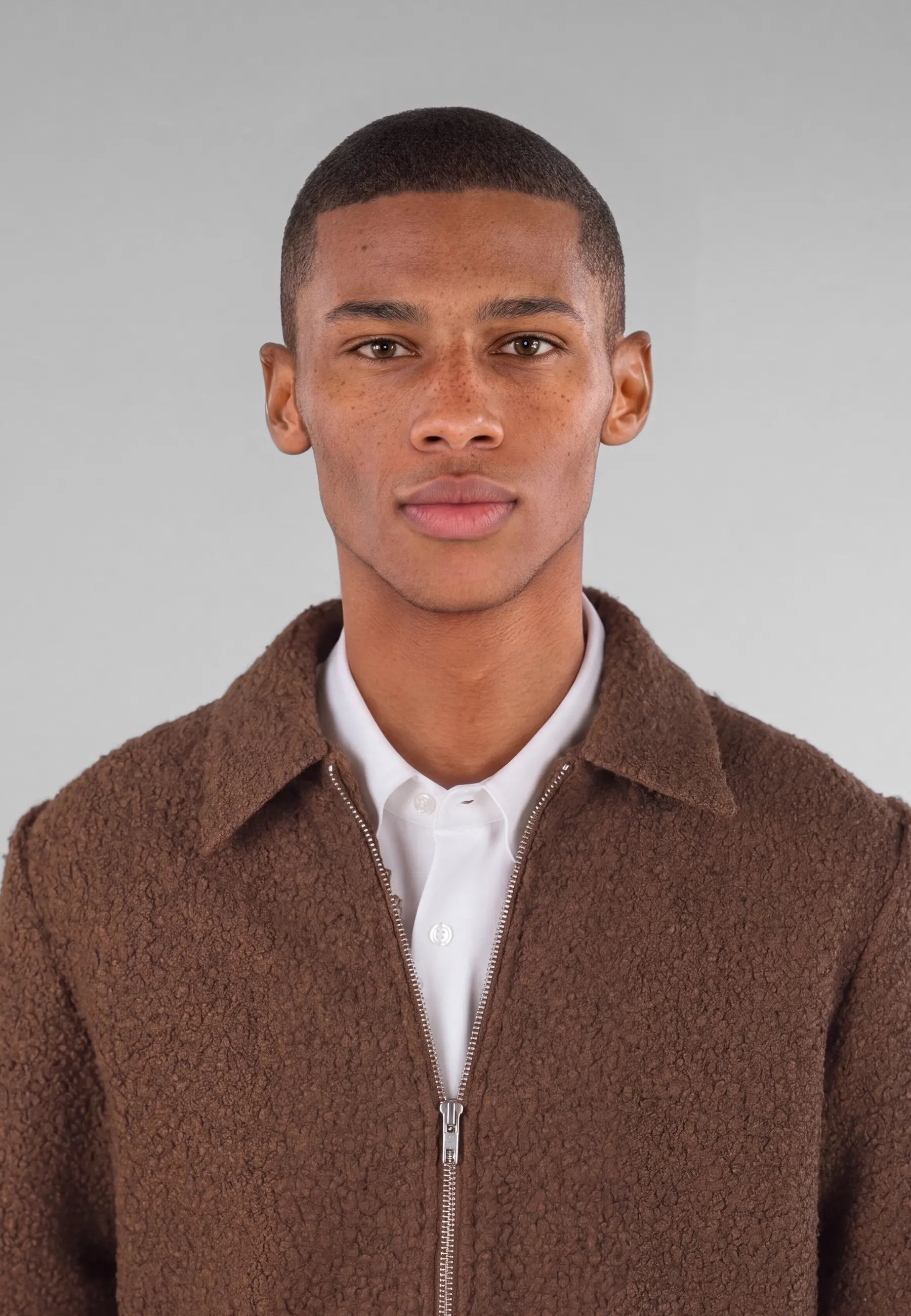 Fred boucle overshirt - Brown, collar and fastening close up
