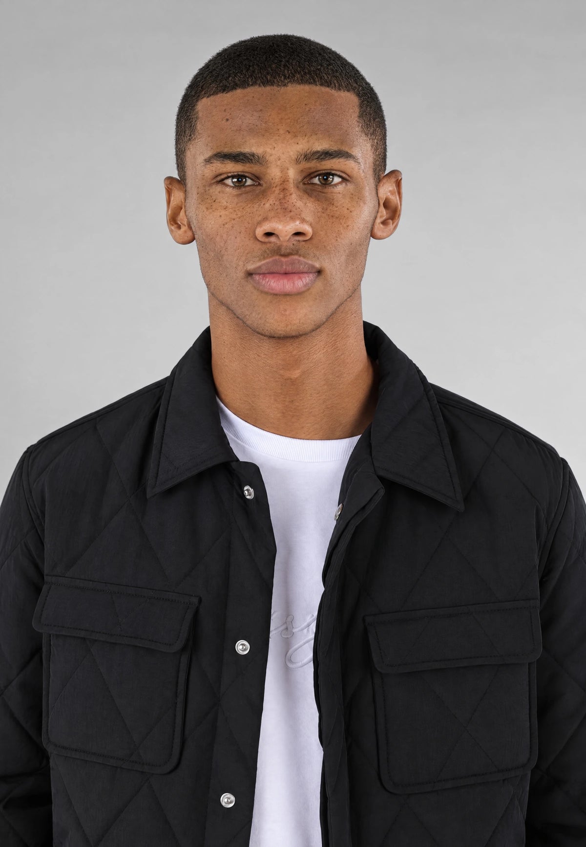 Jeff quilted shirt jacket - Black, collar and fastening close up