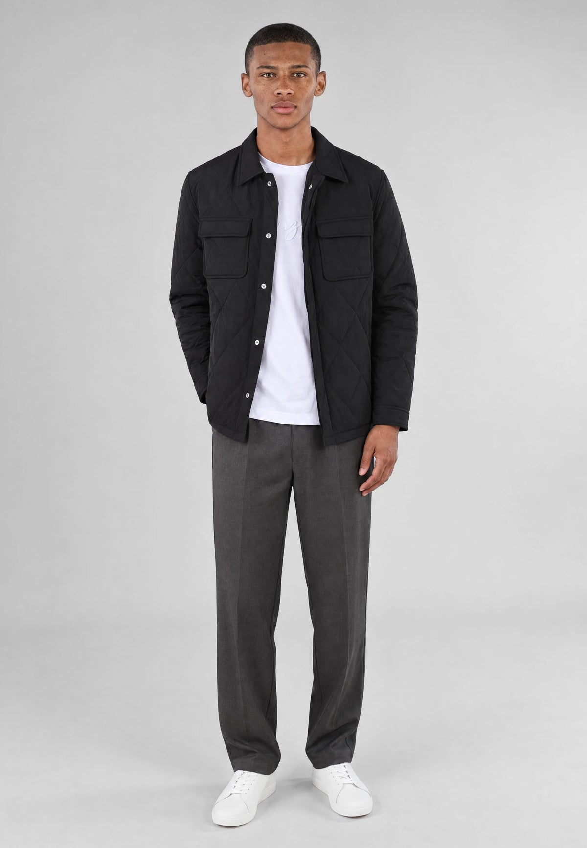 Jeff quilted shirt jacket - Black, front view on model