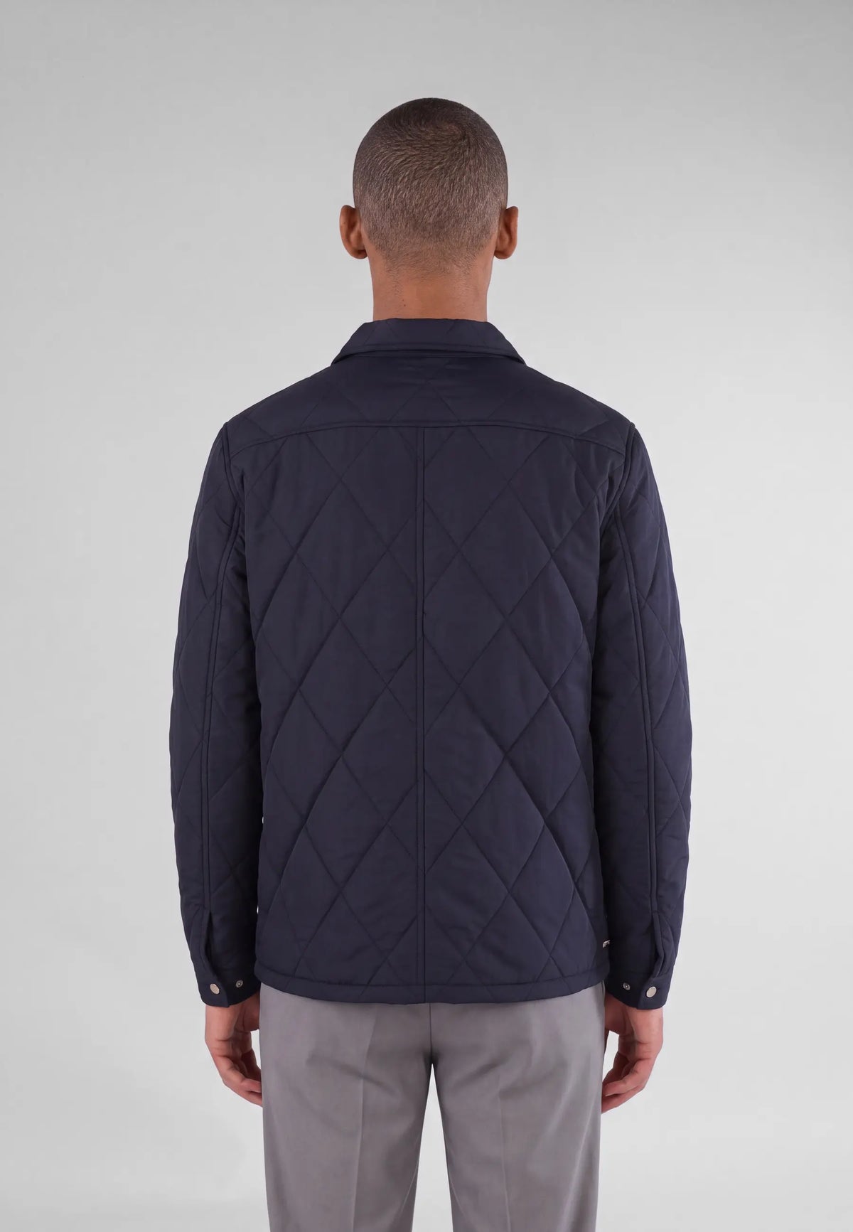 Jeff quilted shirt jacket - Navy, back view on model
