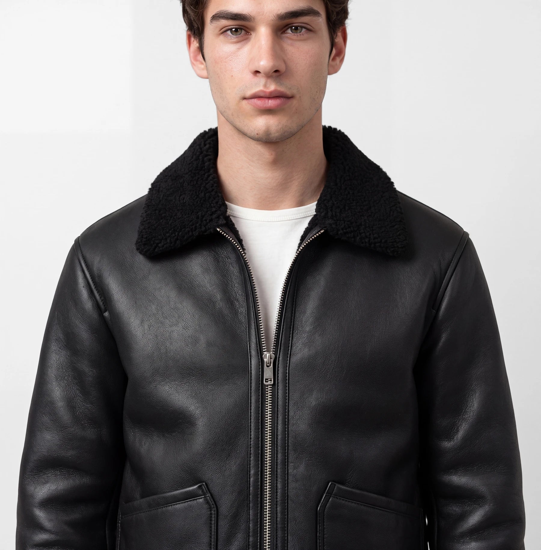 Loux shearling jacket - Black, collar and fastening close up