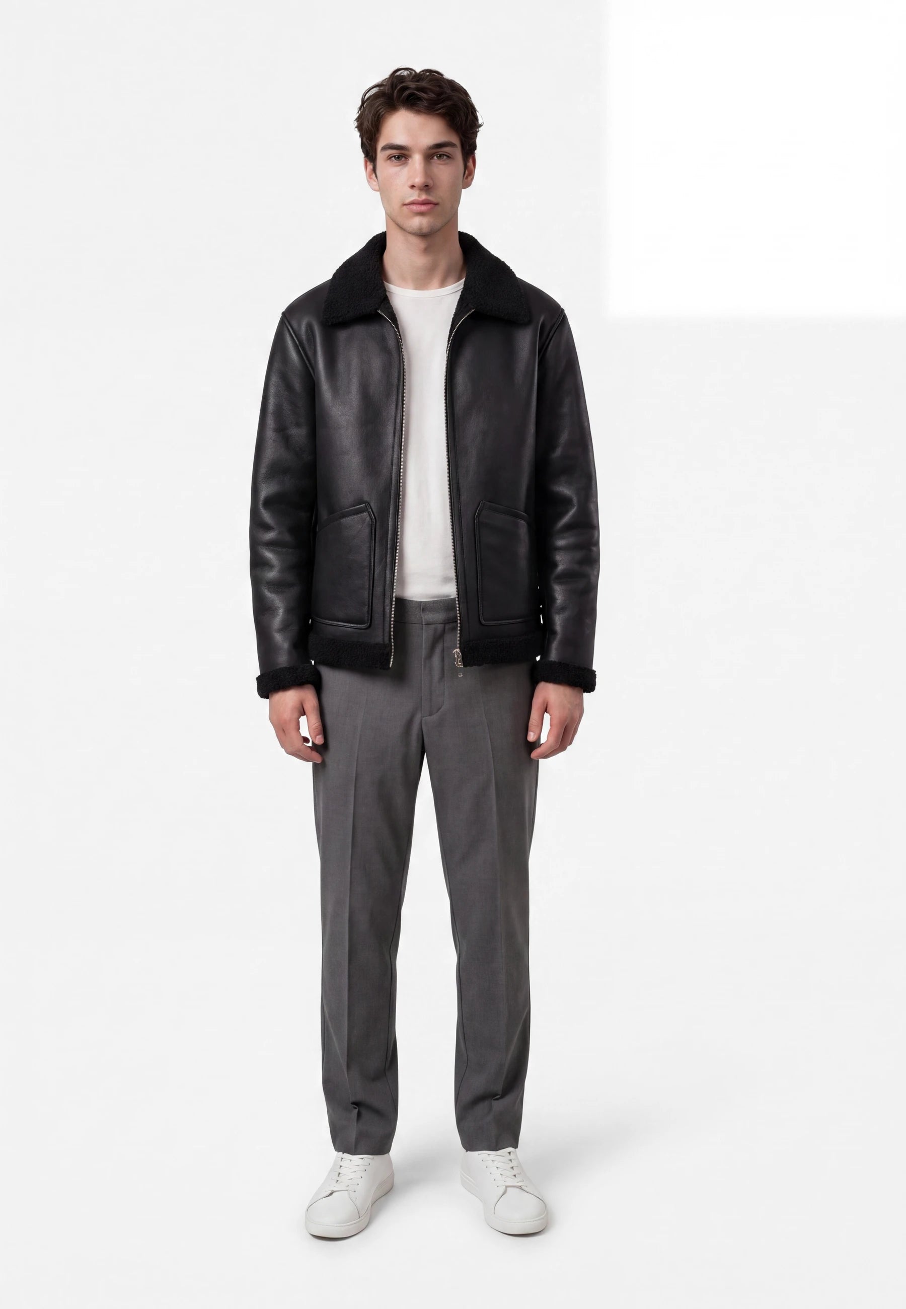 Loux shearling jacket - Black, front view on model