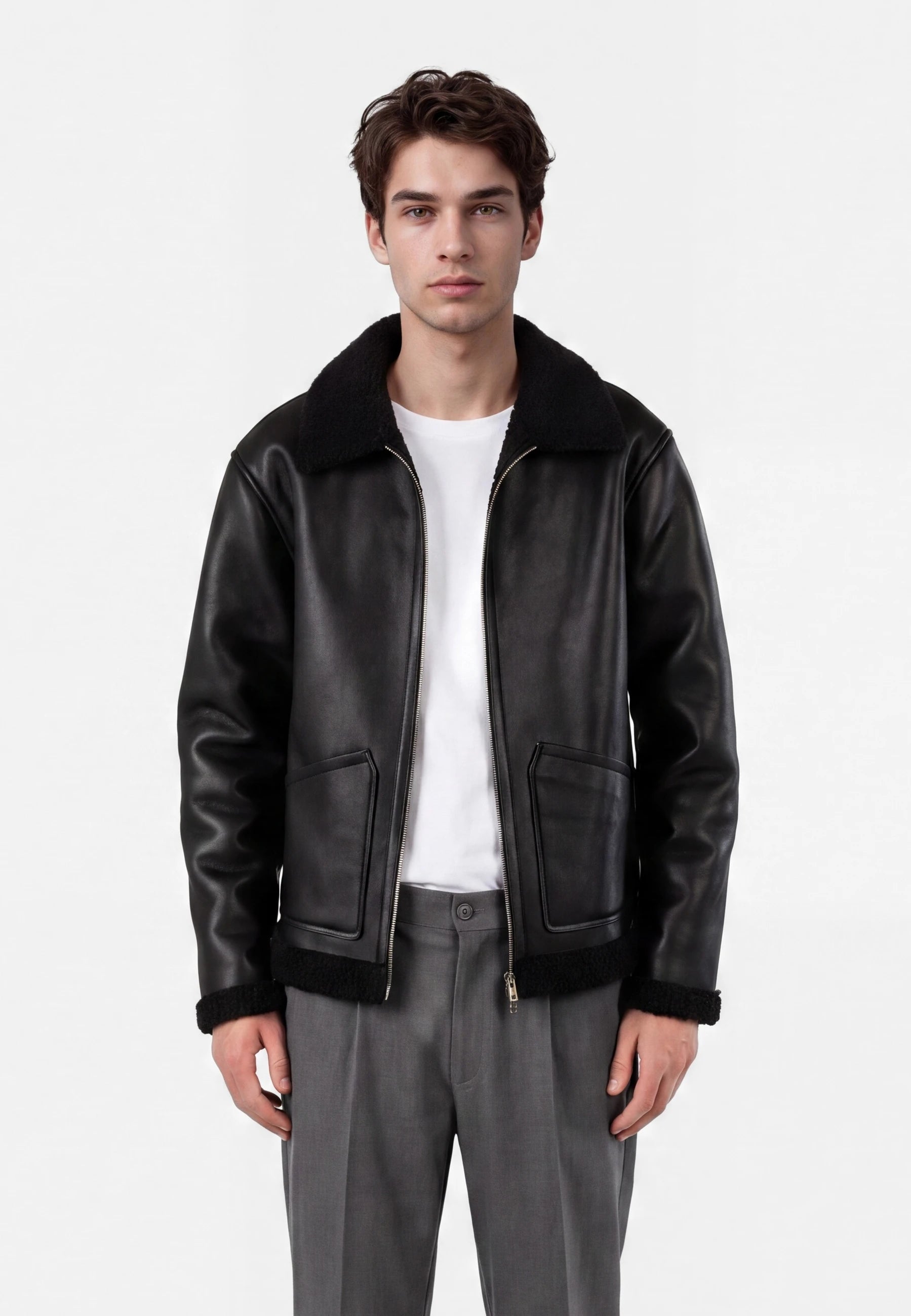 Loux shearling jacket - Black, detail of the fabric and fastening on model