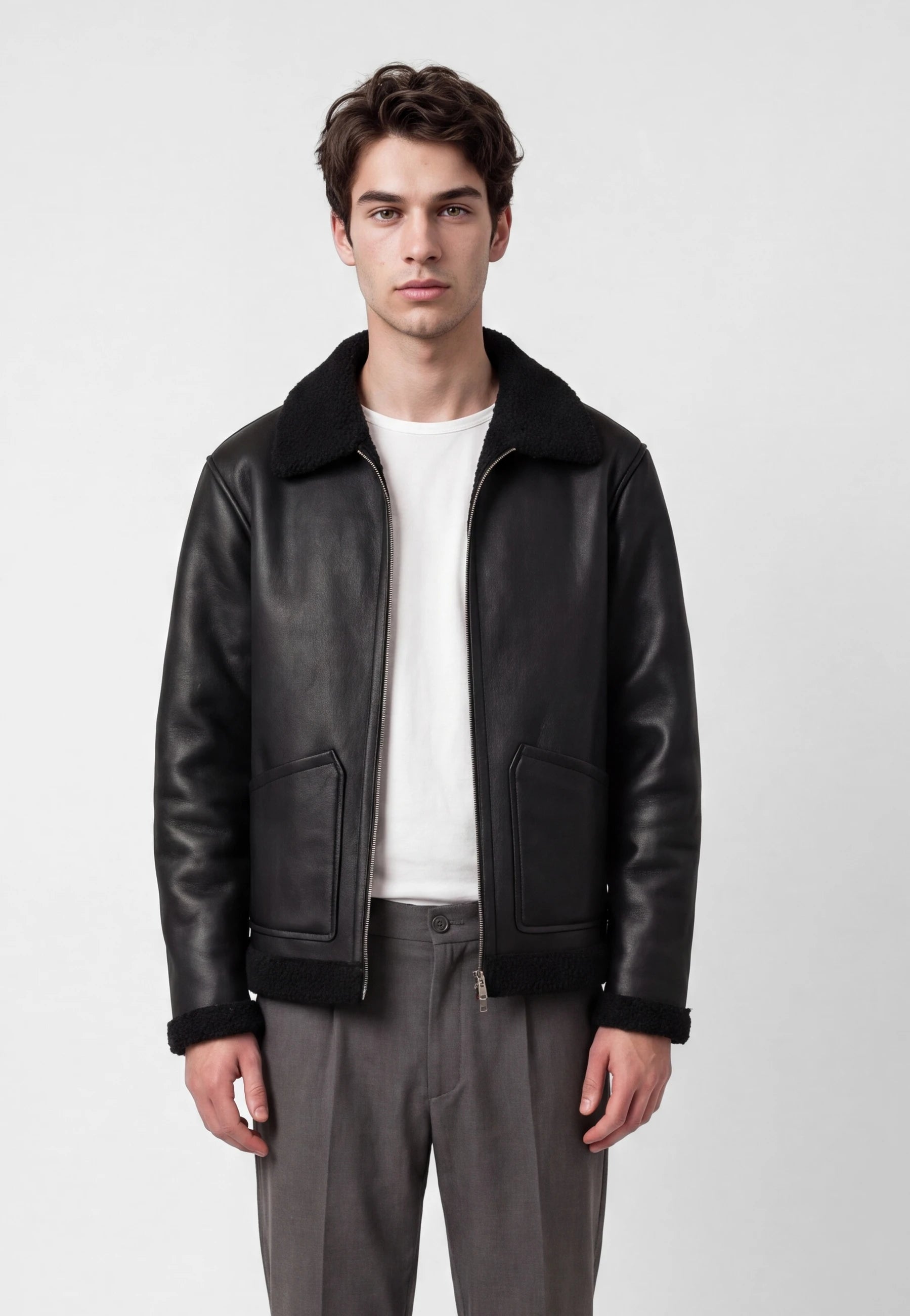 Loux shearling jacket - Black, detail of the fabric and fastening on model