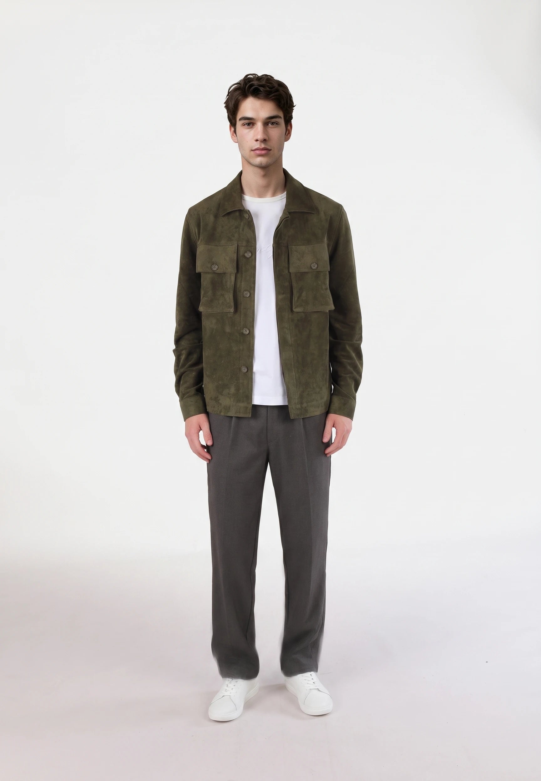 Nash vegan suede jacket - Moss green, front view on model