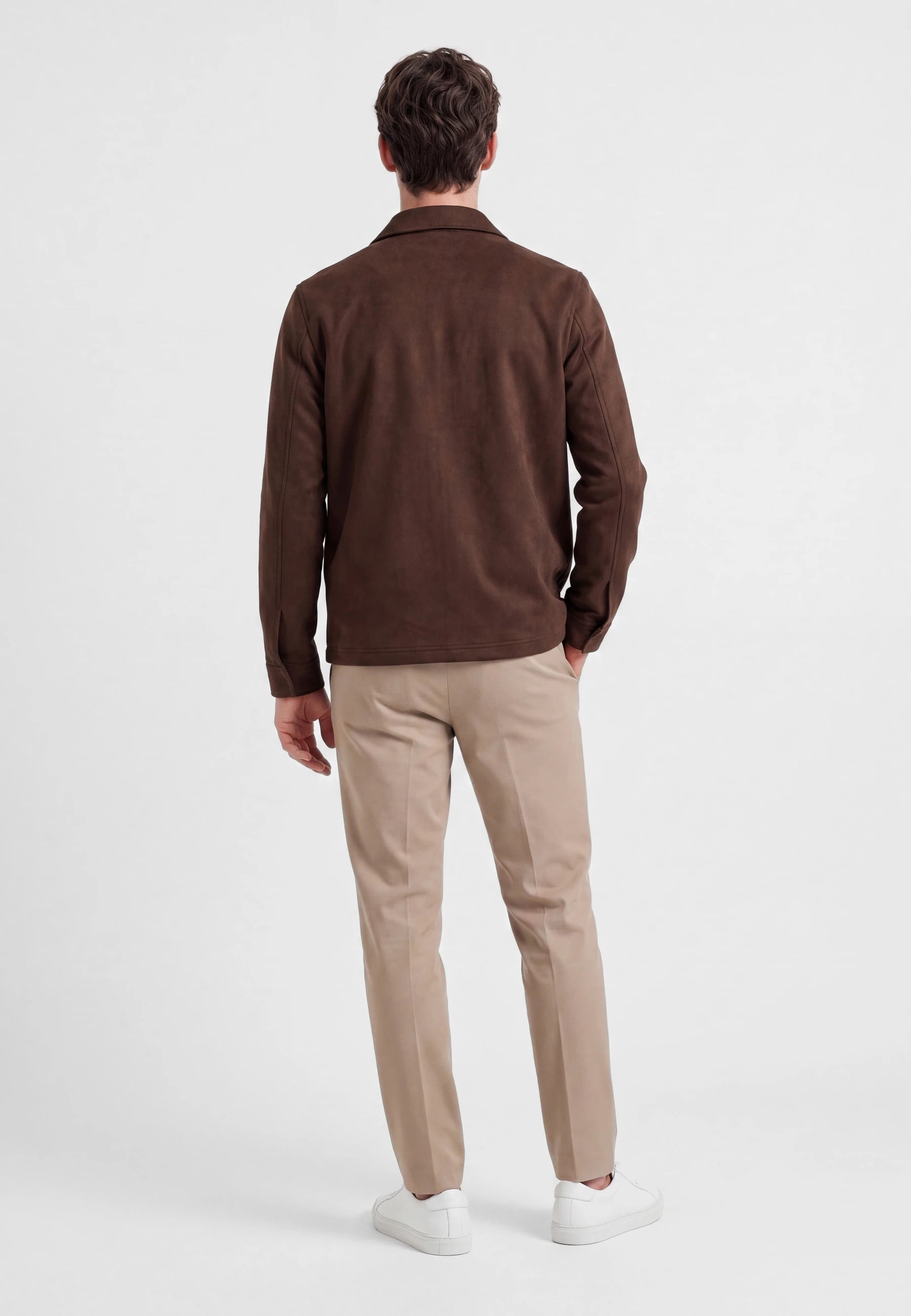 Neo vegan suede overshirt 2.0 - Dark coffee brown, back view on model