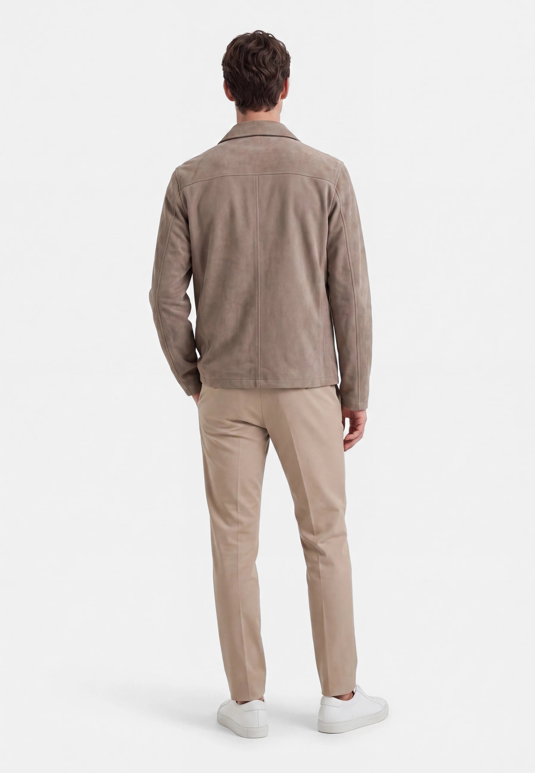 Neo vegan suede overshirt 2.0 - Dusty clay taupe, back view on model