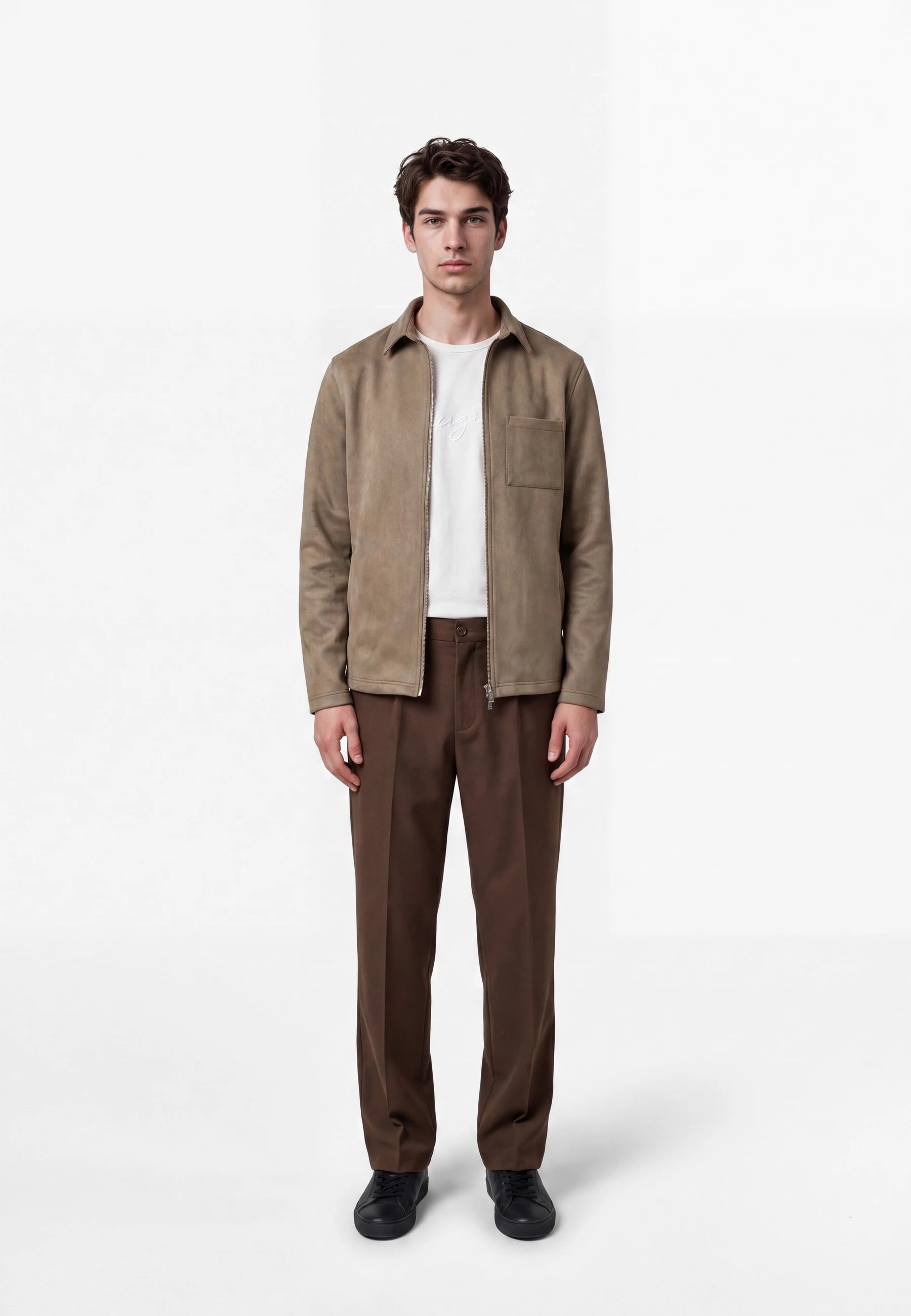 Neo vegan suede overshirt 2.0 - Dusty clay taupe, front view on model
