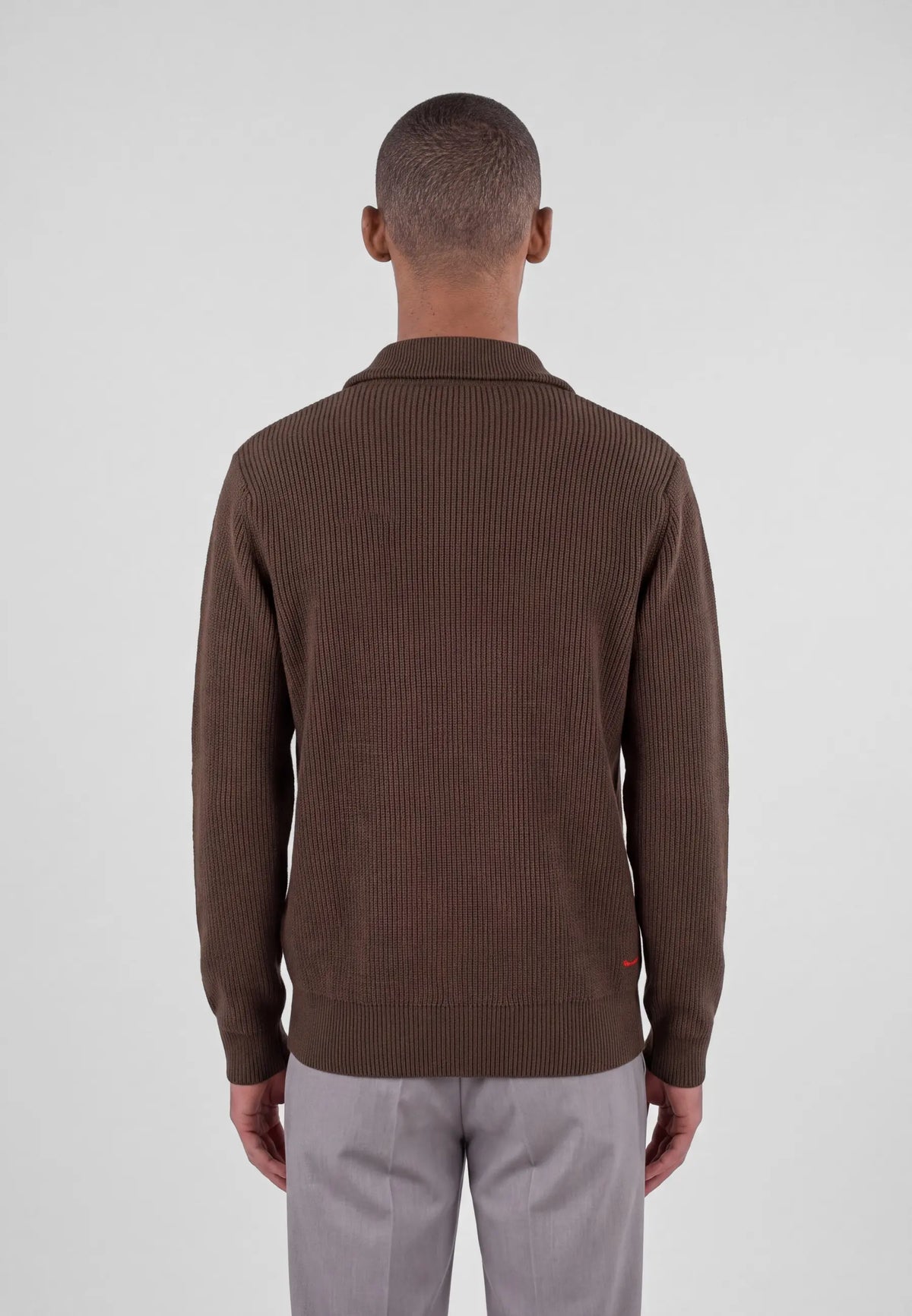 Reuben knitted half zip - Brown, back view on model