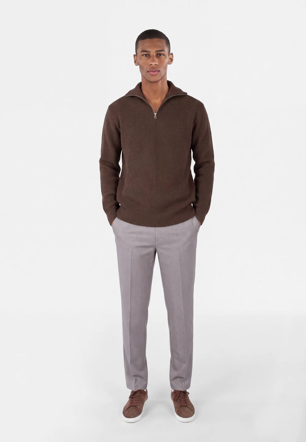 Reuben knitted half zip - Brown, front view on model