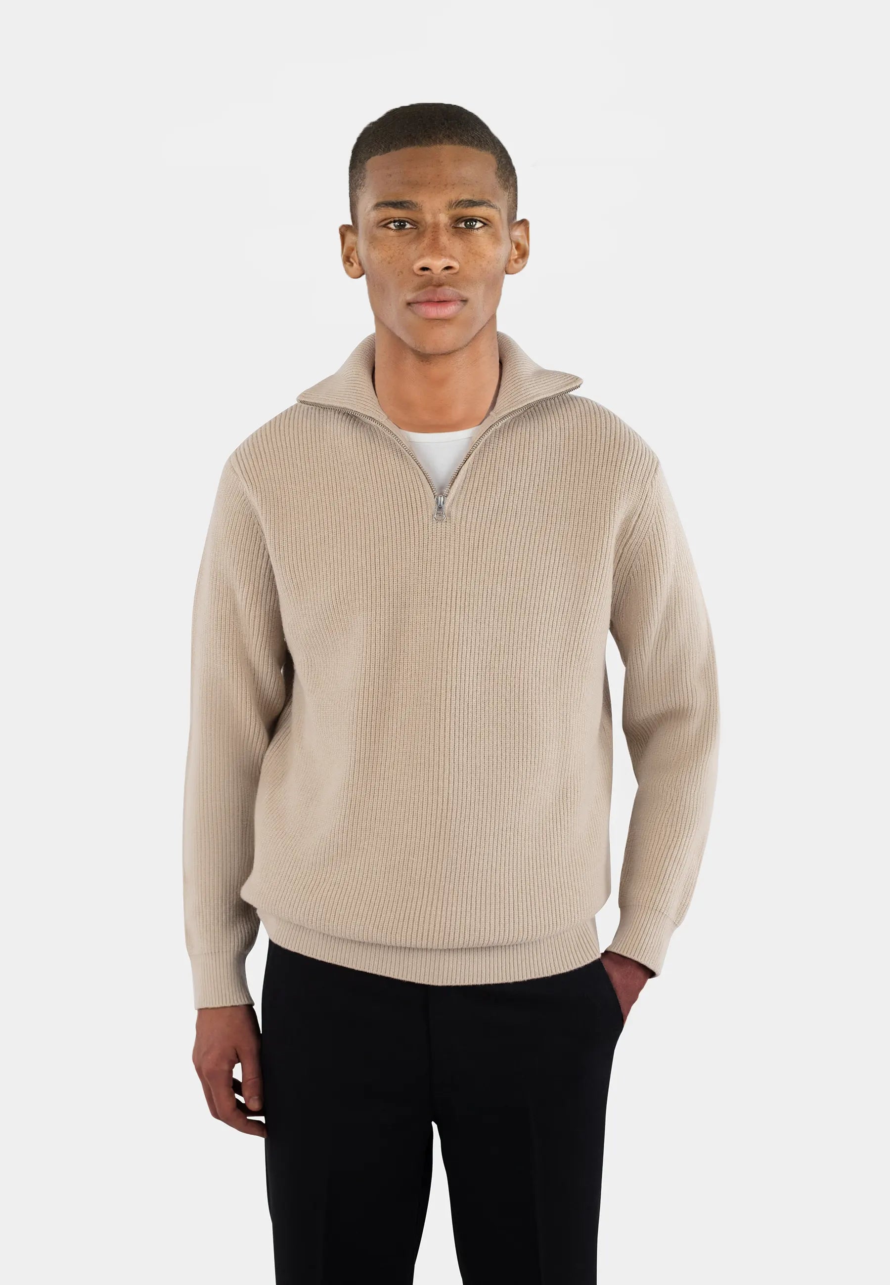 Reuben stickad halfzip tröja - ljusbeige