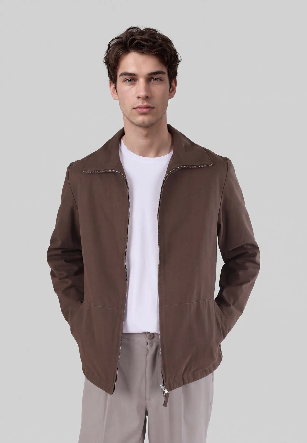 Roux washed canvas jacket - Brown, detail of the fabric and fastening on model