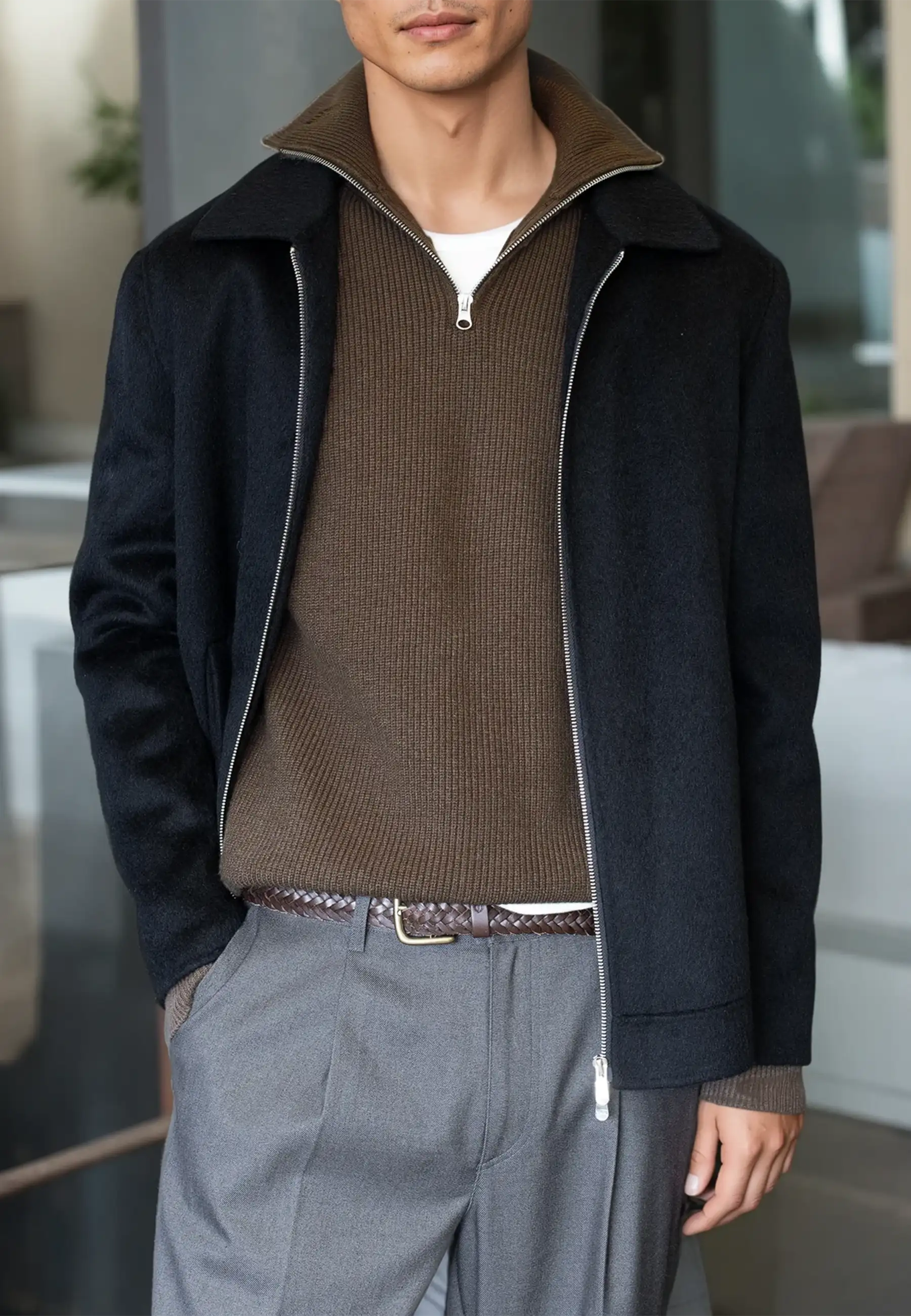 Reuben stickad halfzip - Brun