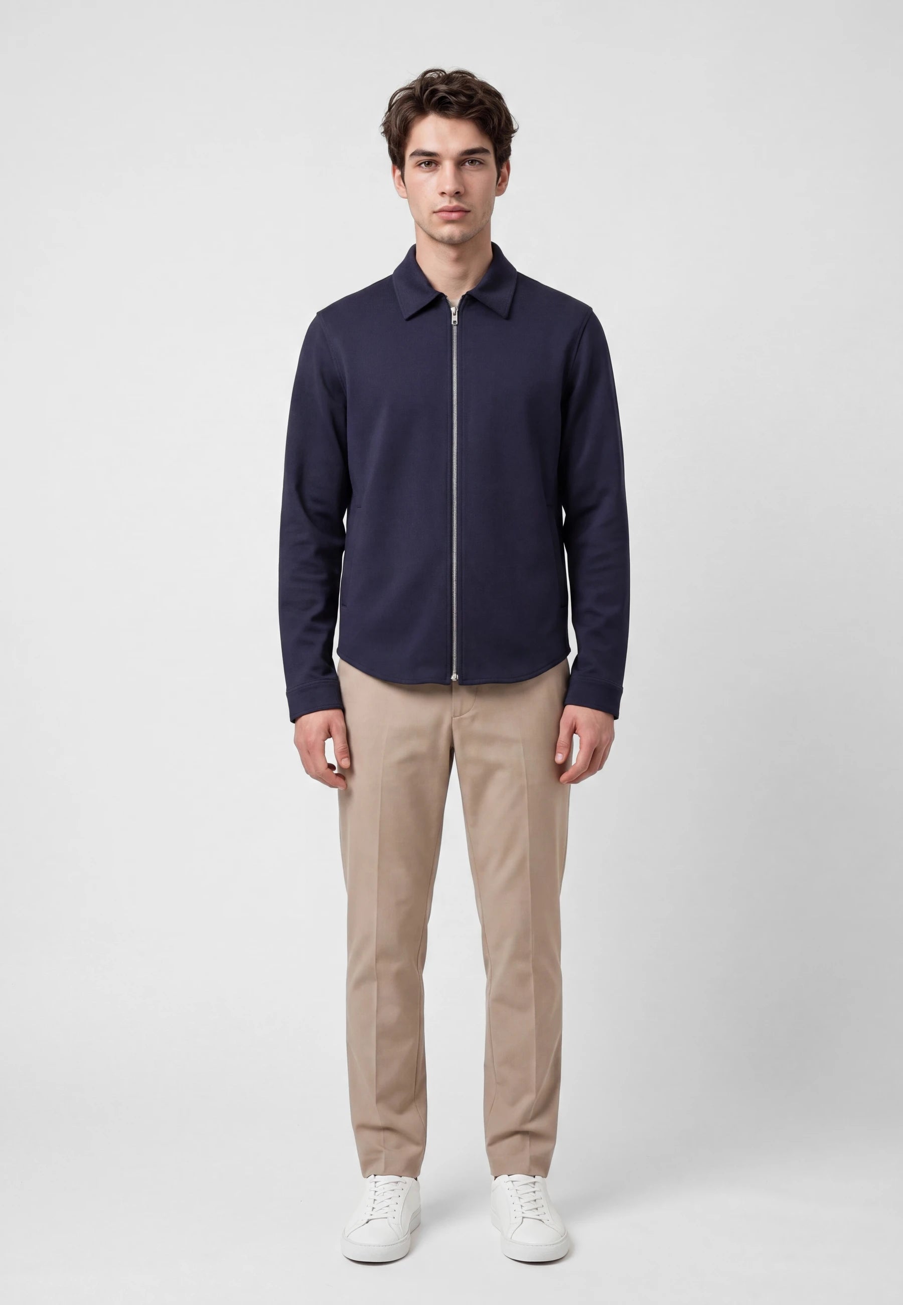 Aden superior stretch overshirt - Navy, collar and fastening close up