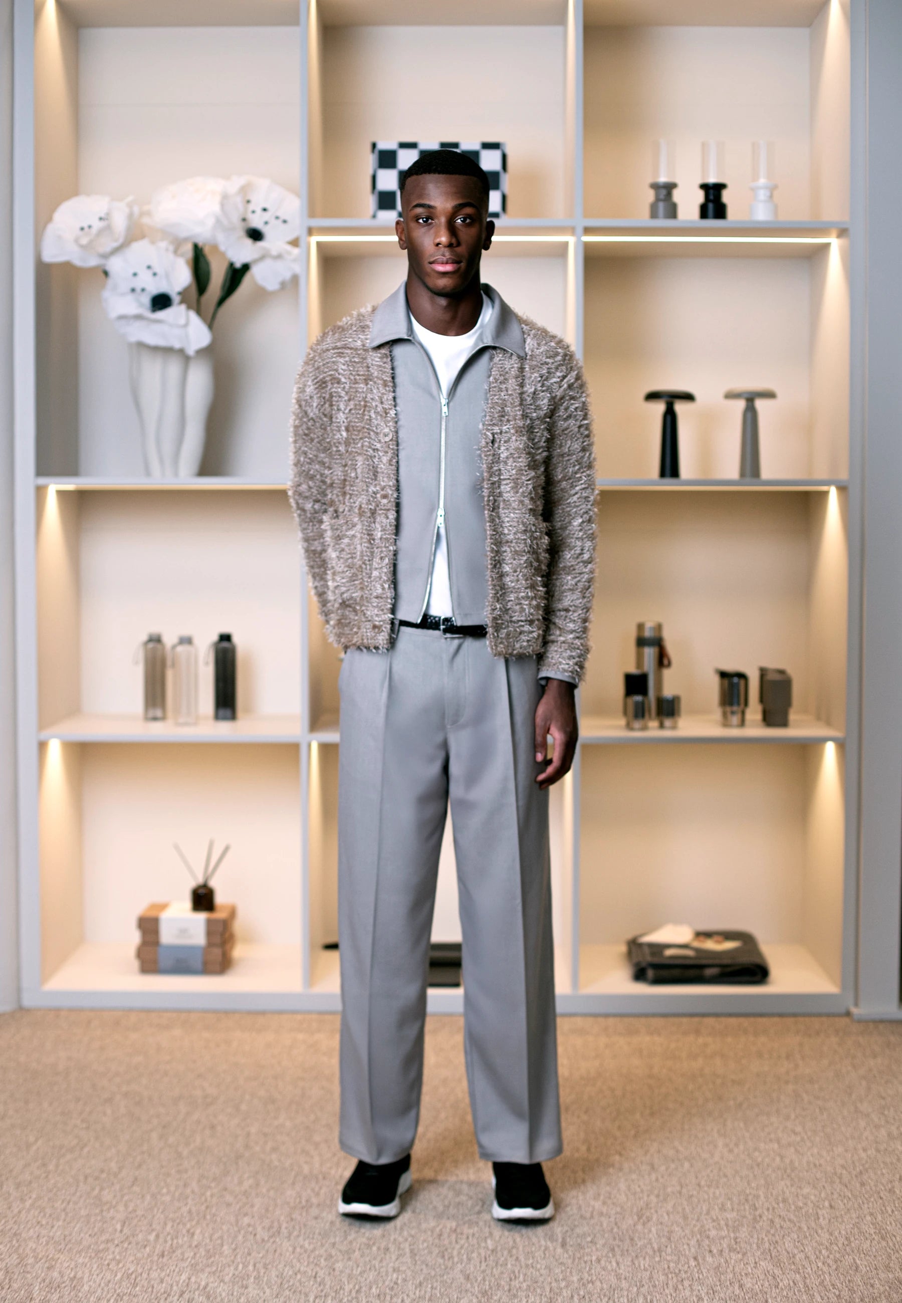 Ciszere AW26 Past Forward - marled knitted jacket with grey trousers