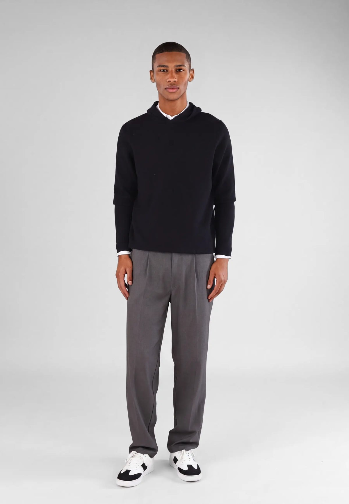 Cedric knitted hoodie - Black, front view on model