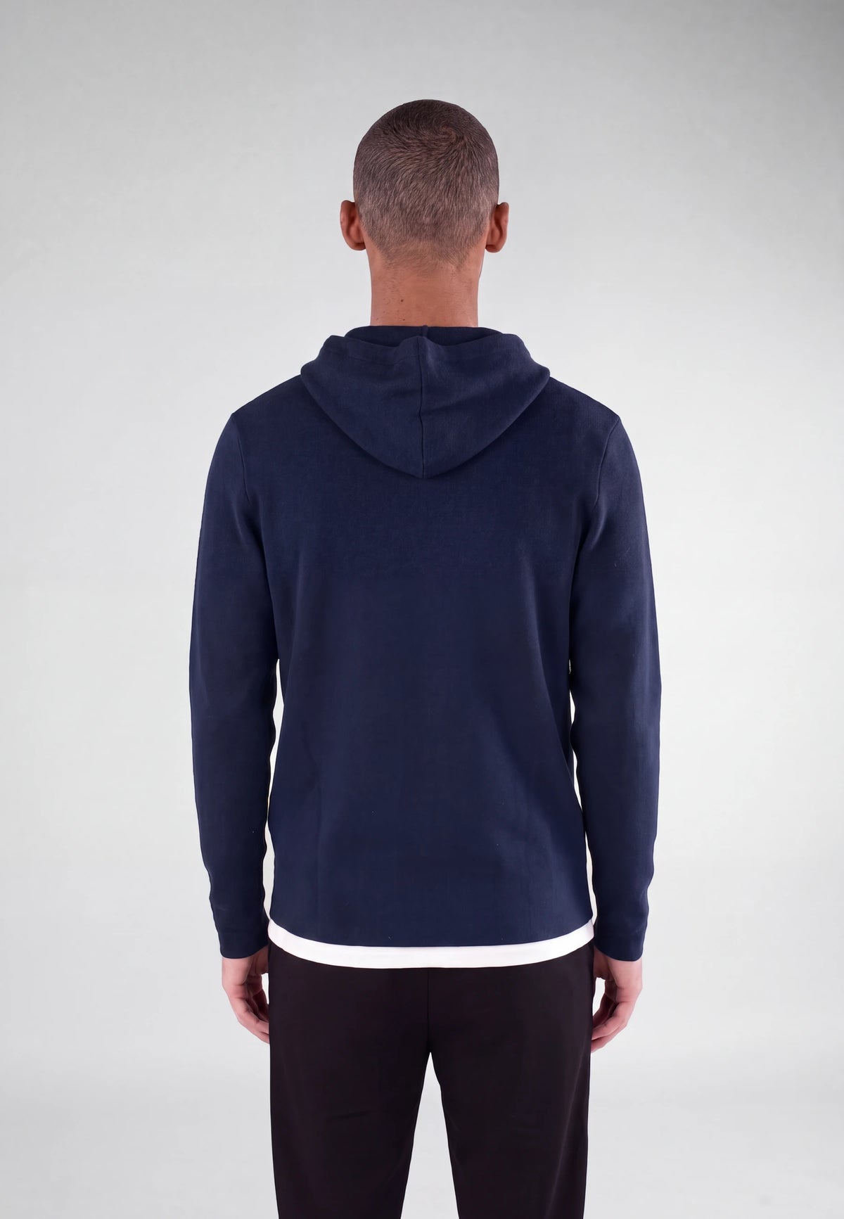 Cedric knitted hoodie - Navy, back view on model