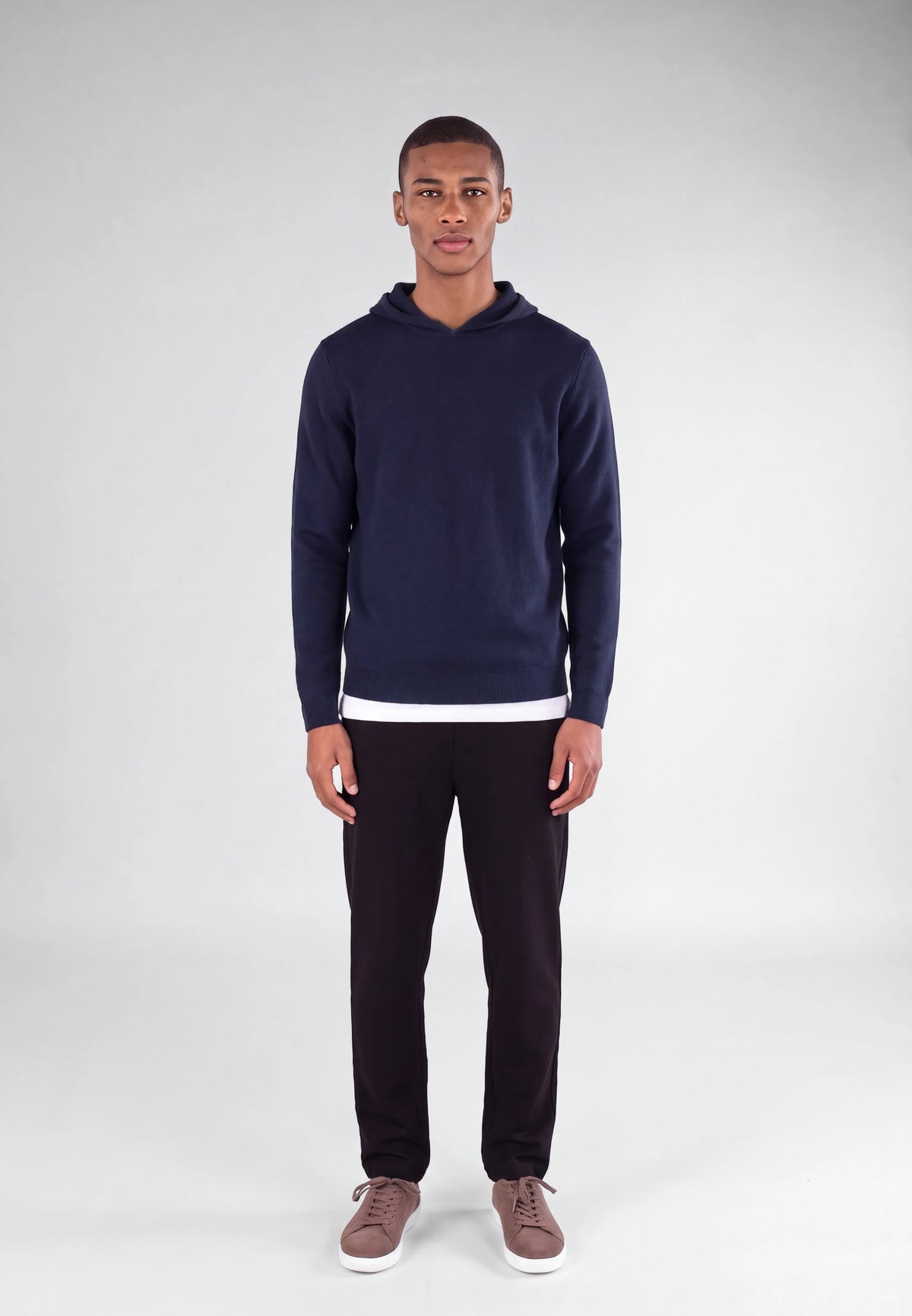 Cedric knitted hoodie - Navy, front view on model