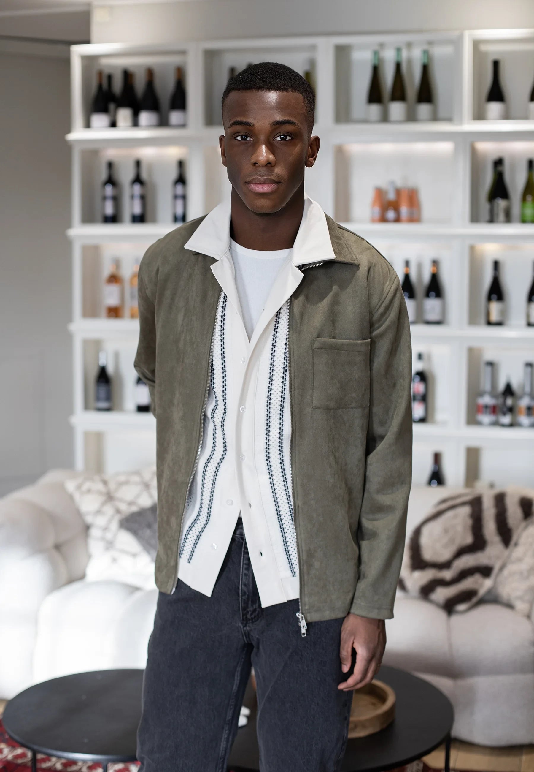 Ciszere editorial - olive corduroy overshirt with striped cardigan