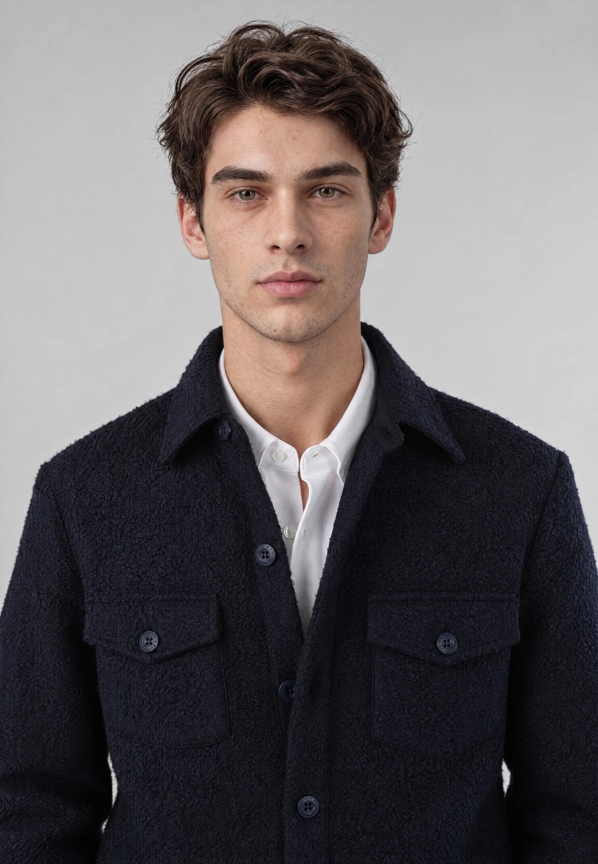 Dani Boucle overshirt - Navy, collar and fastening close up