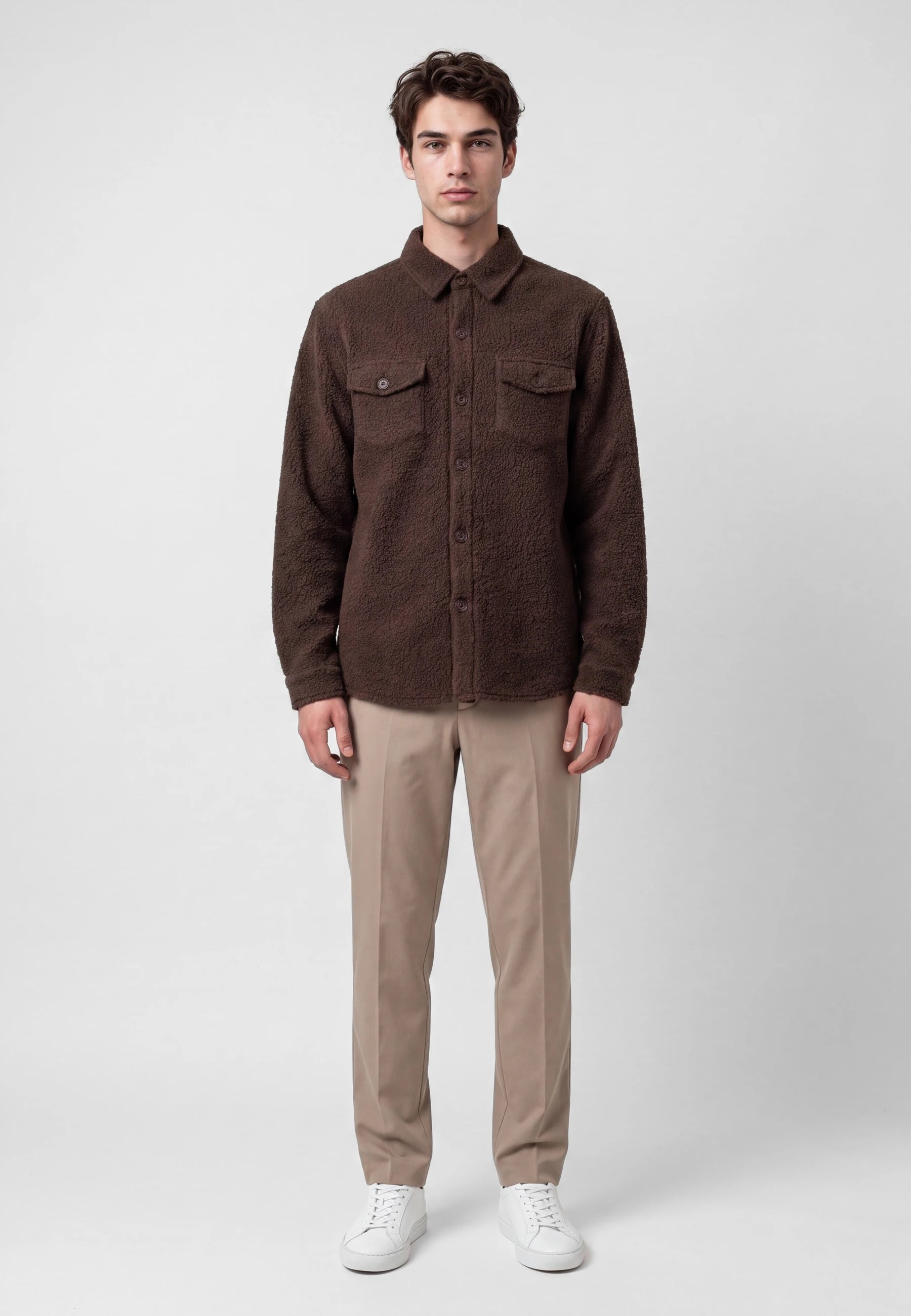 Dani boucle overshirt - Brown, collar and fastening close up