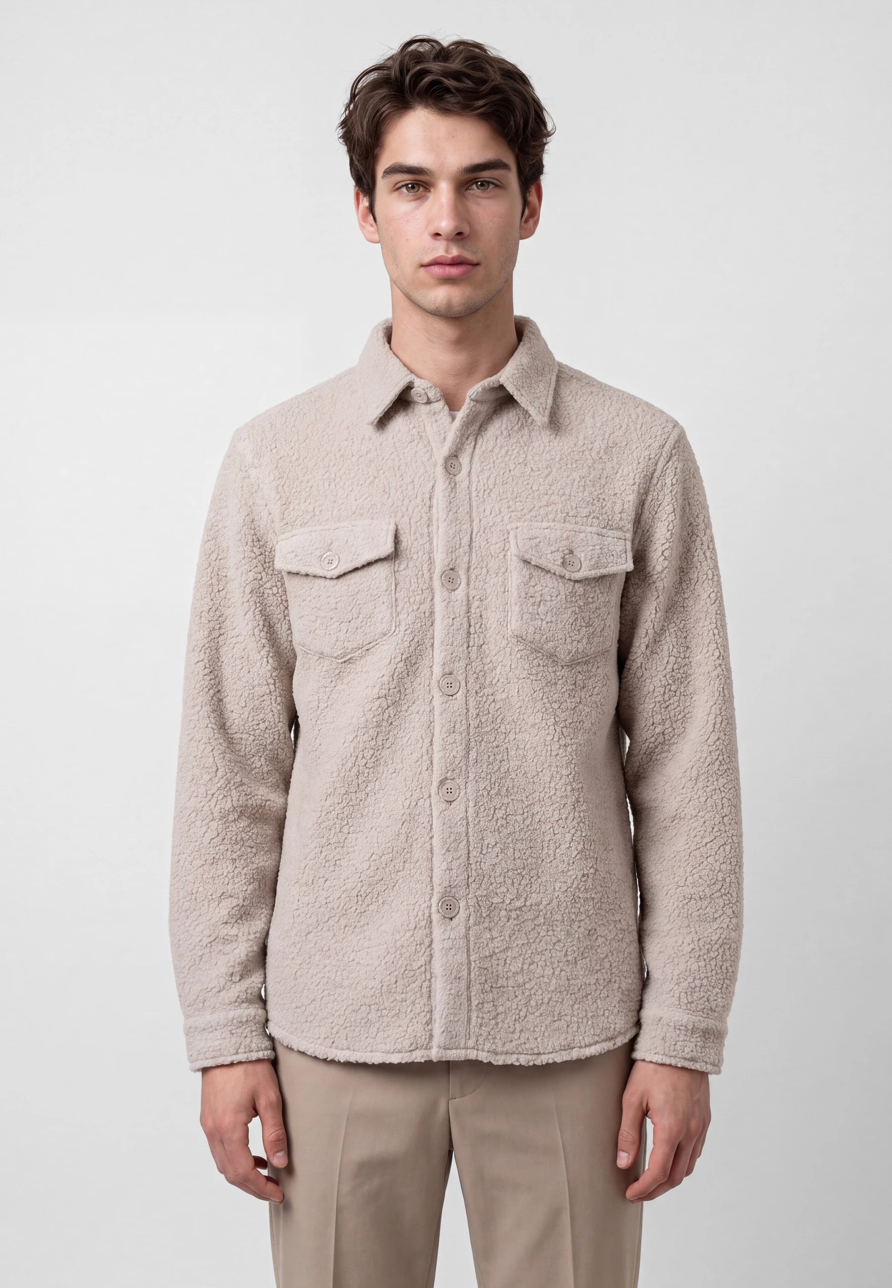 Dani Boucle overshirt - Beige, collar and fastening close up