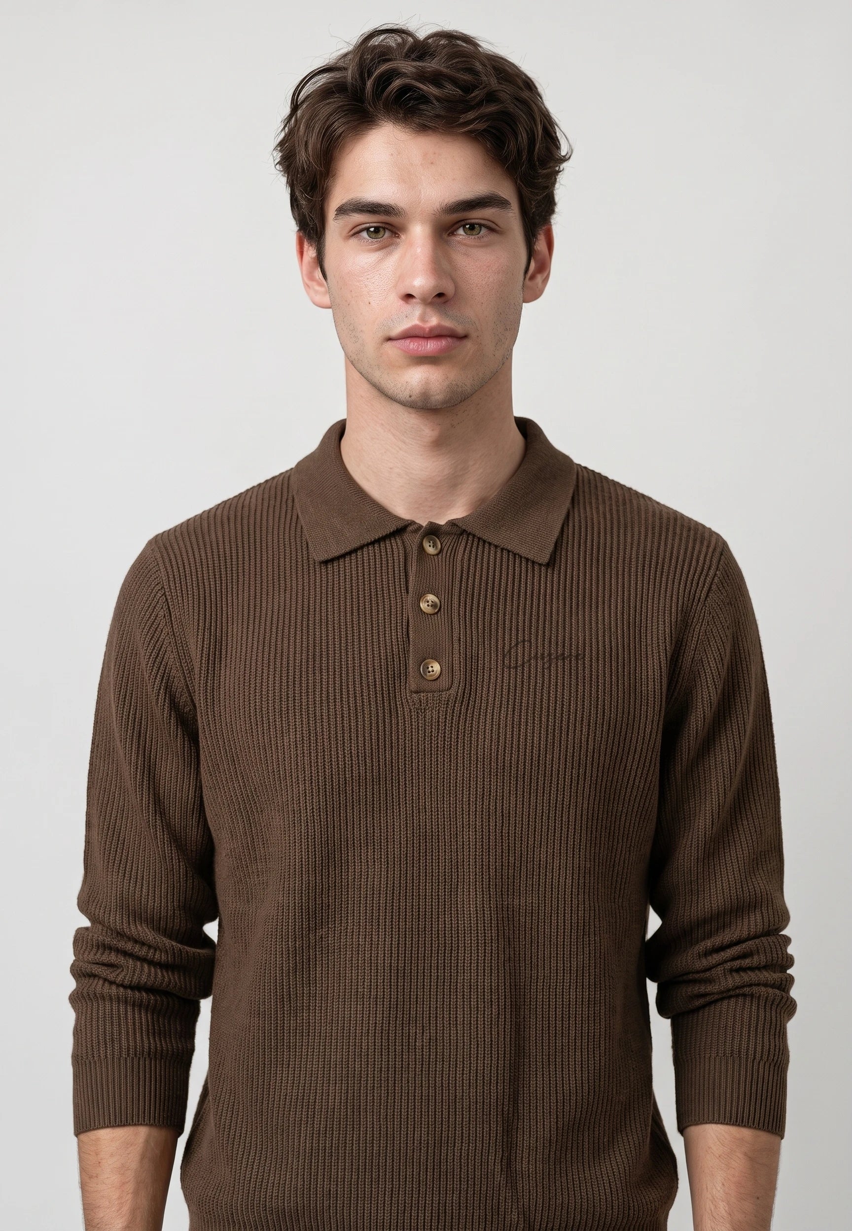 Derek knitted polo - Mocha brown, collar and fastening close up