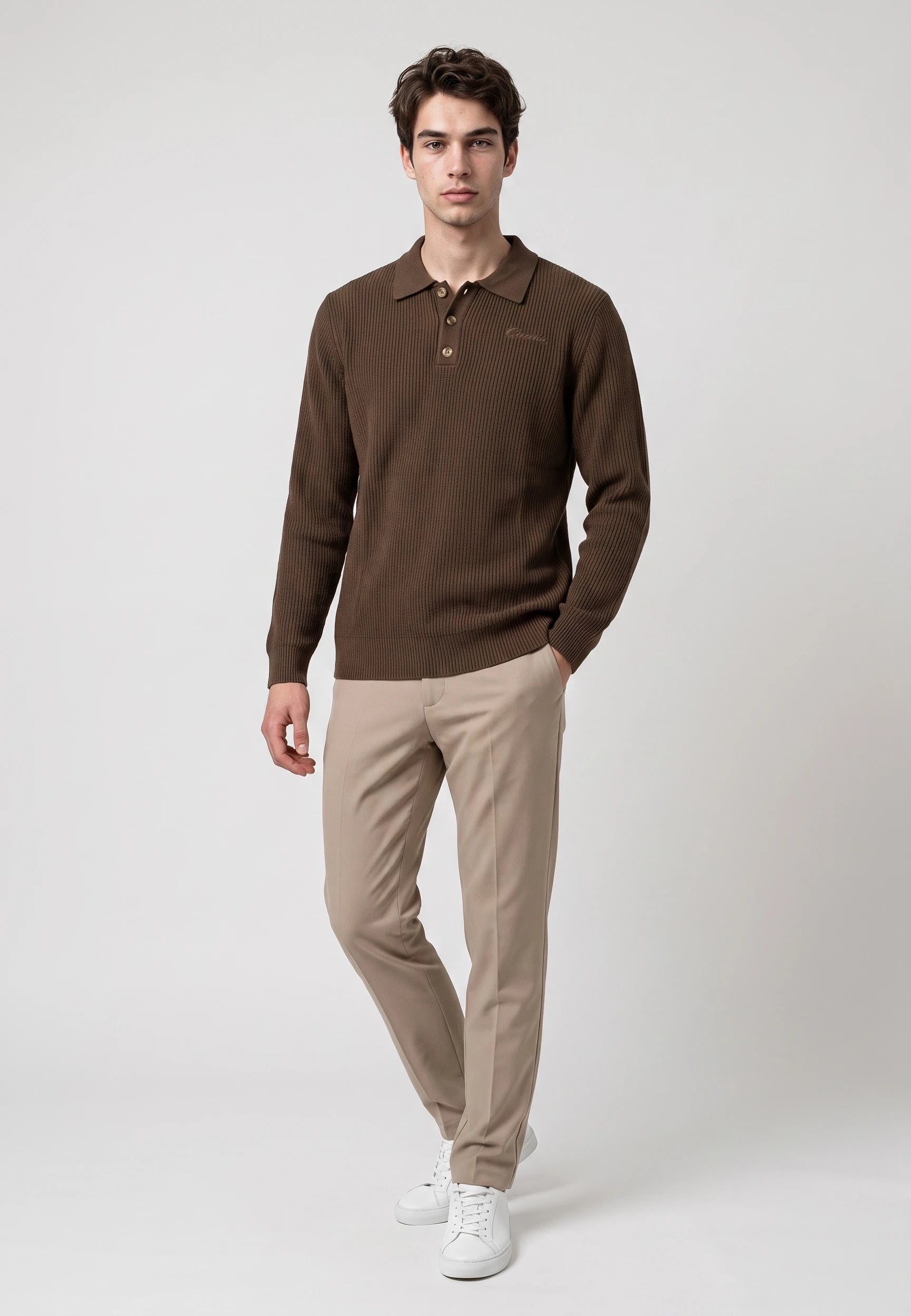 Derek knitted polo - Mocha brown, front view on model