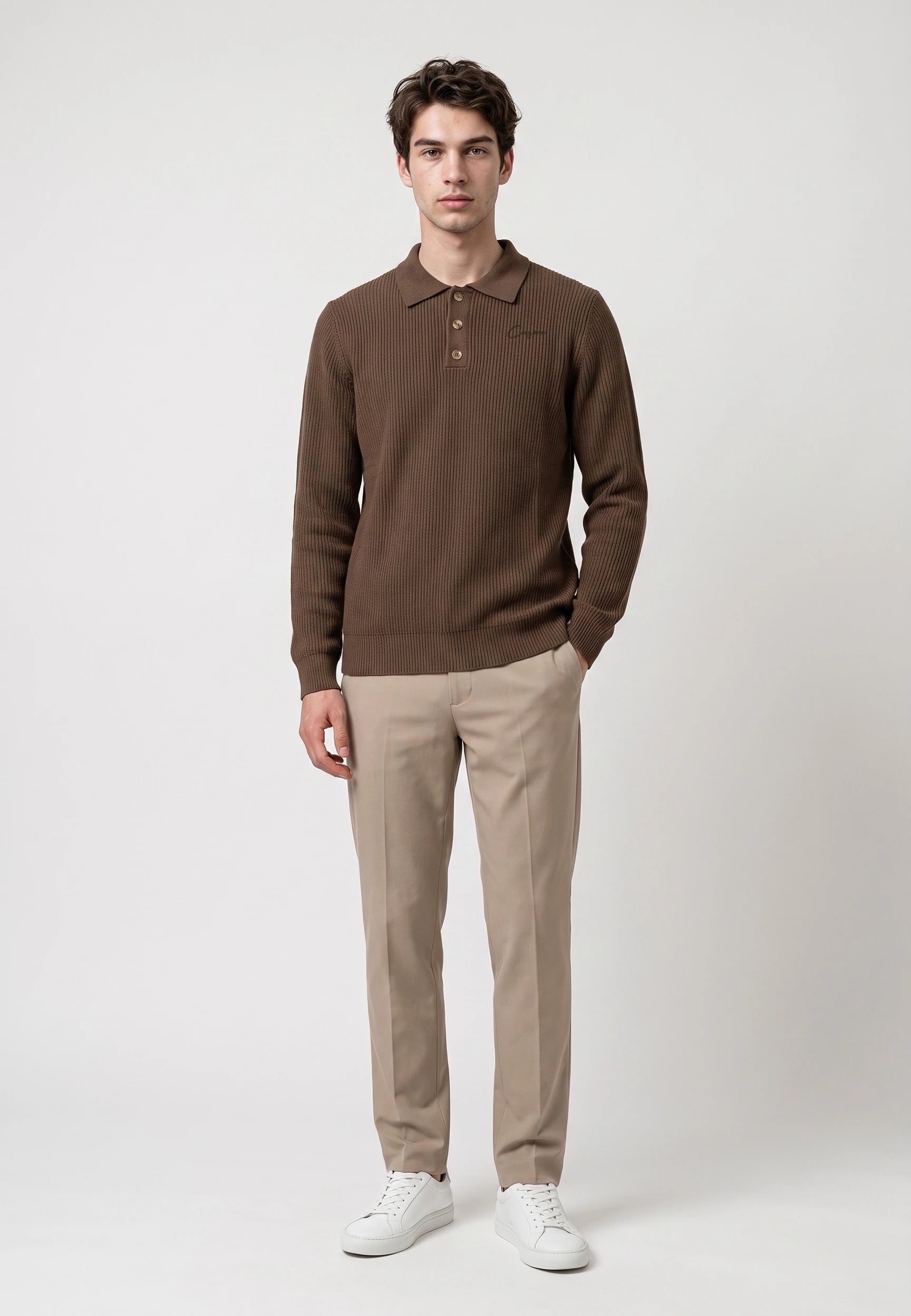 Derek knitted polo - Mocha brown, front view on model