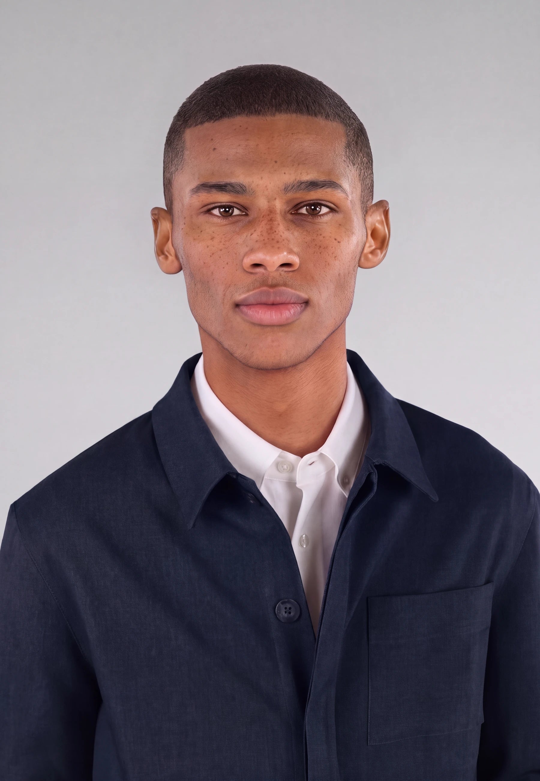 Elis heavy overshirt - Navy, collar and fastening close up