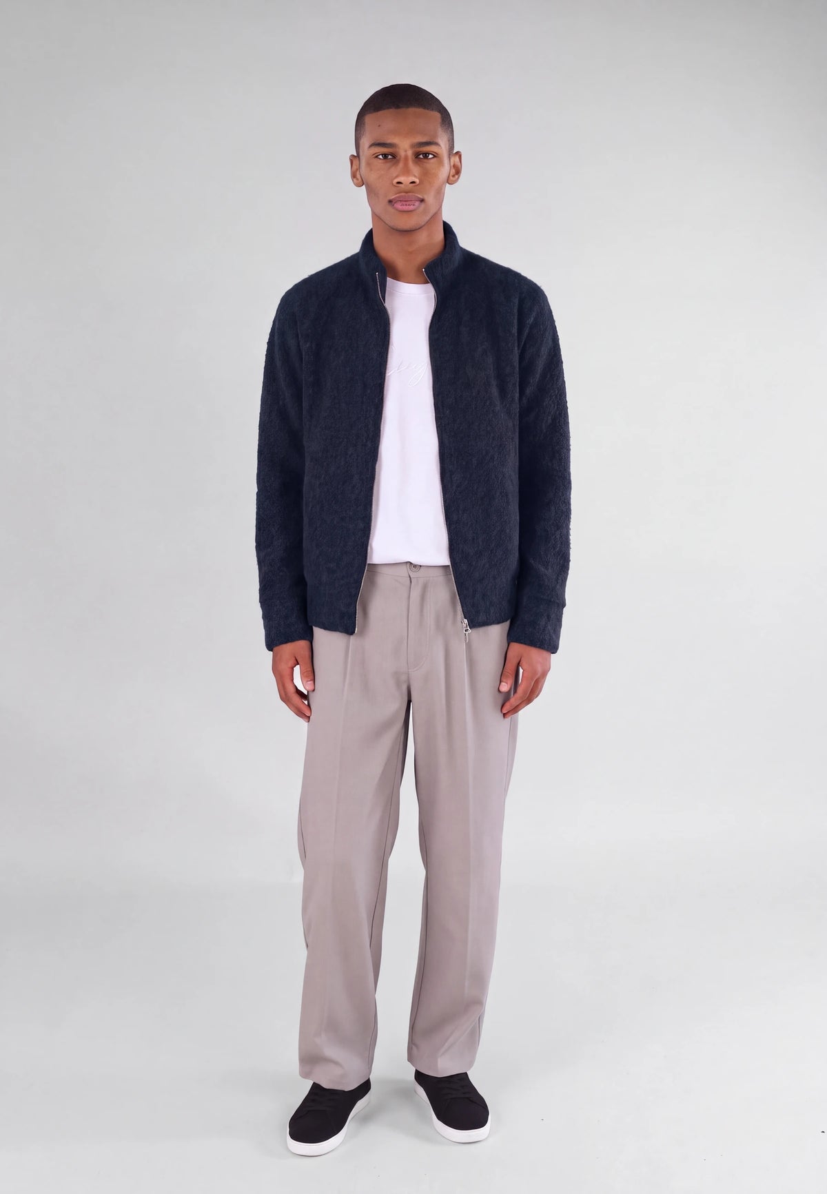 Frank fuzzy zip - Navy, front view on model