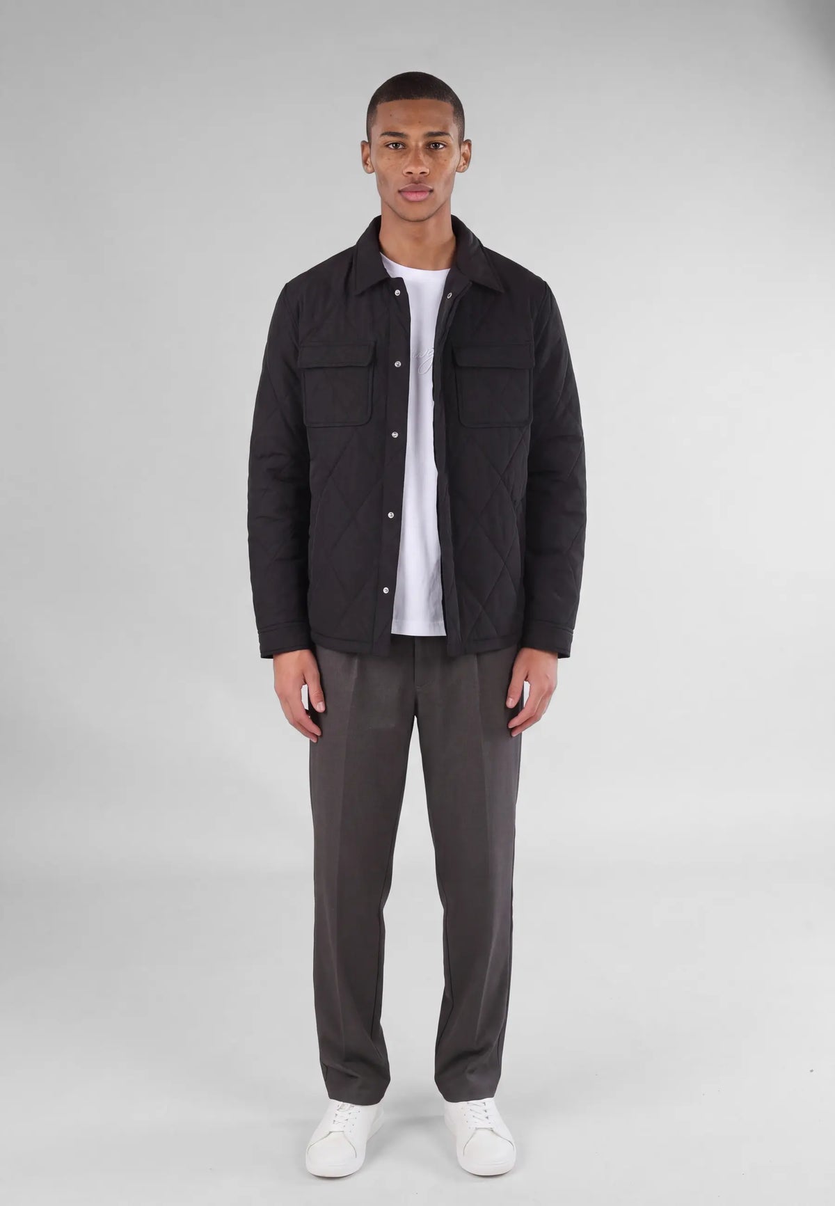 Jeff quilted shirt jacket - Black, front view on model