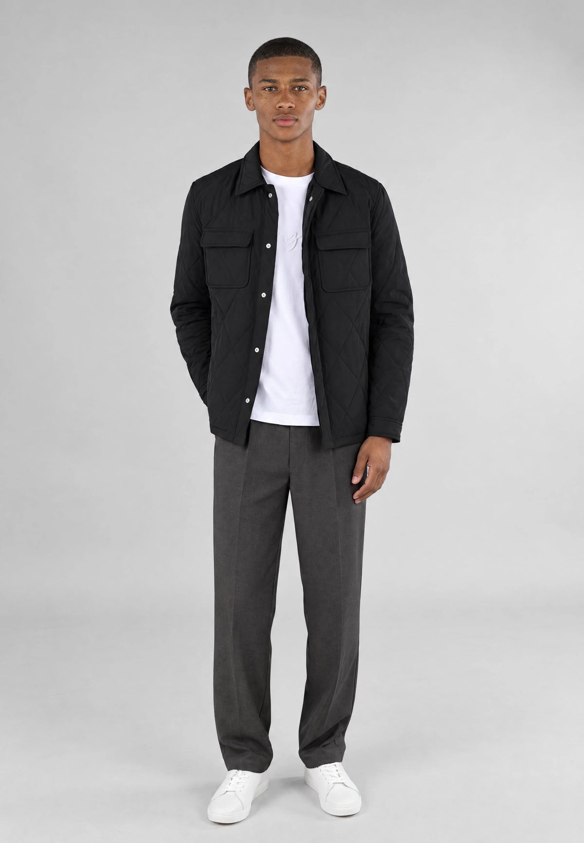 Jeff quilted shirt jacket - Black, front view on model