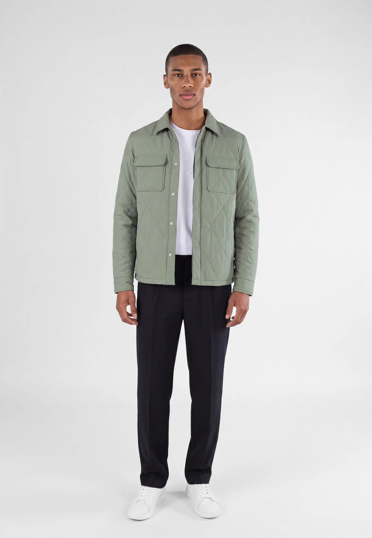 Jeff quilted shirt jacket - Green, front view on model