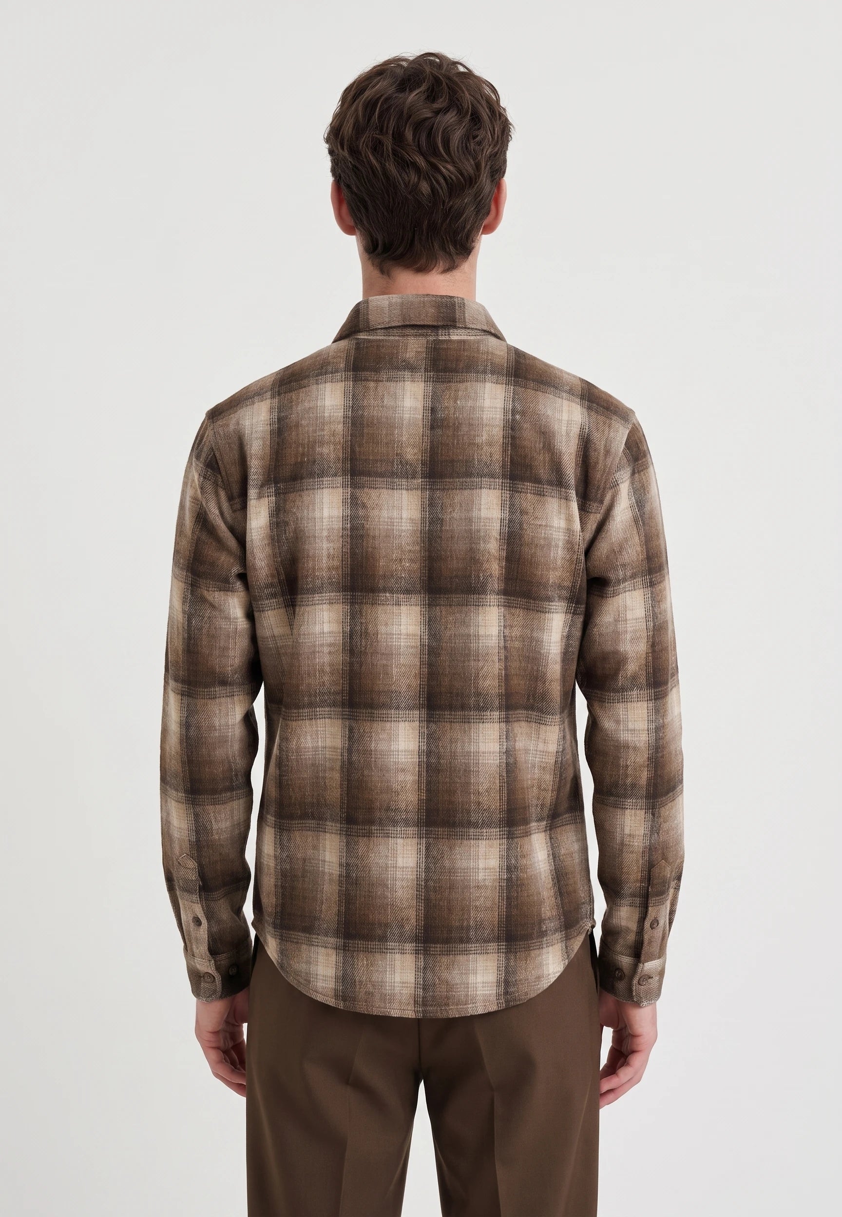 Leon checked shirt - Brown checked, back view on model