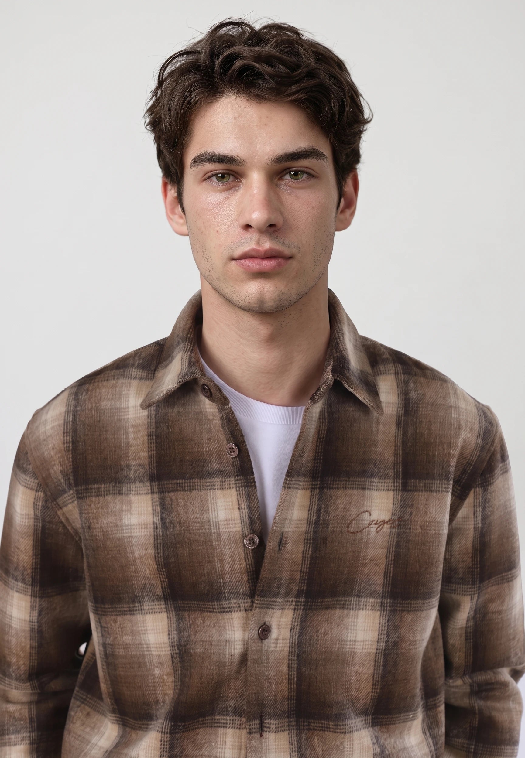 Leon checked shirt - Brown checked, collar and fastening close up
