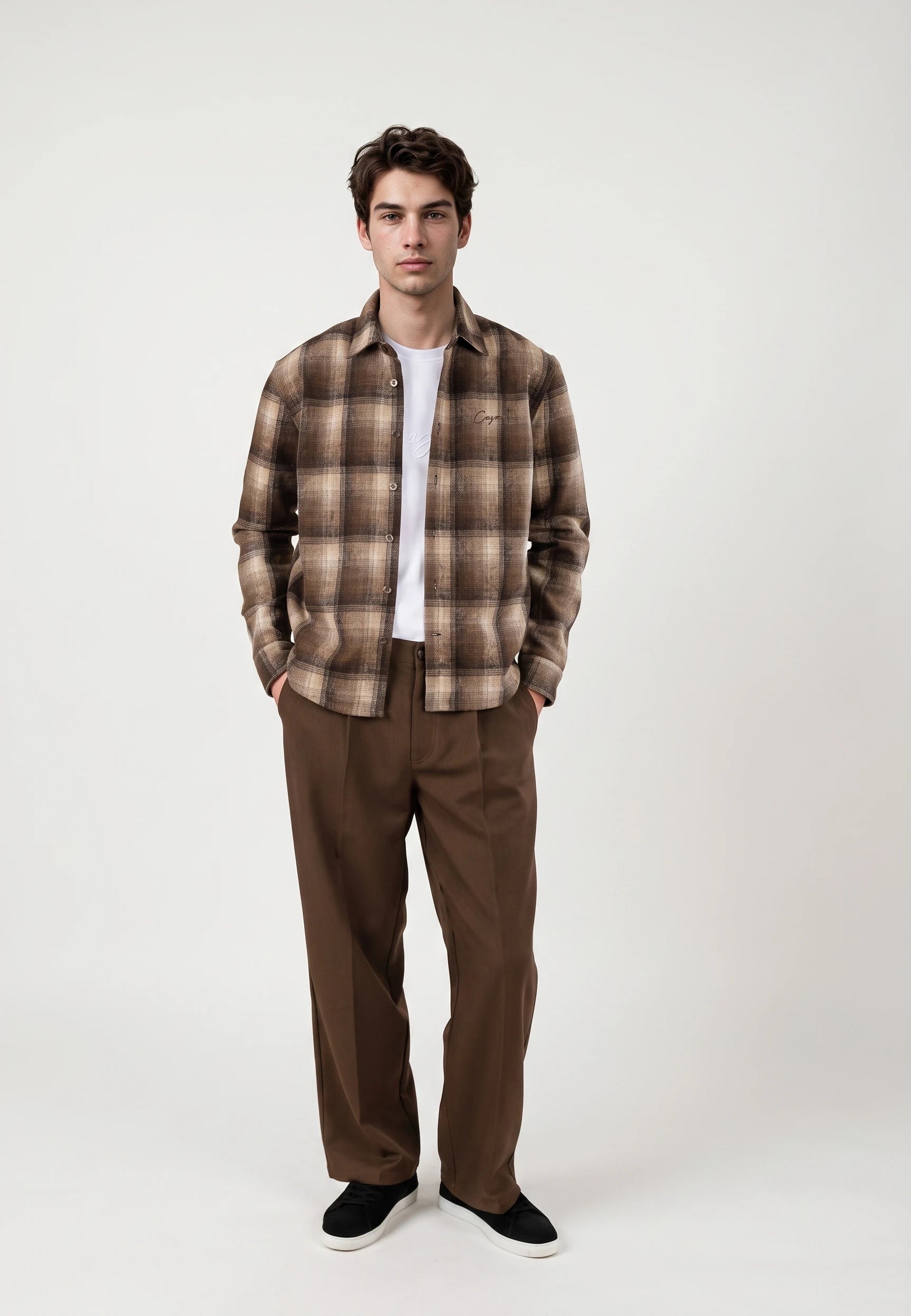 Leon checked shirt - Brown checked, front view on model