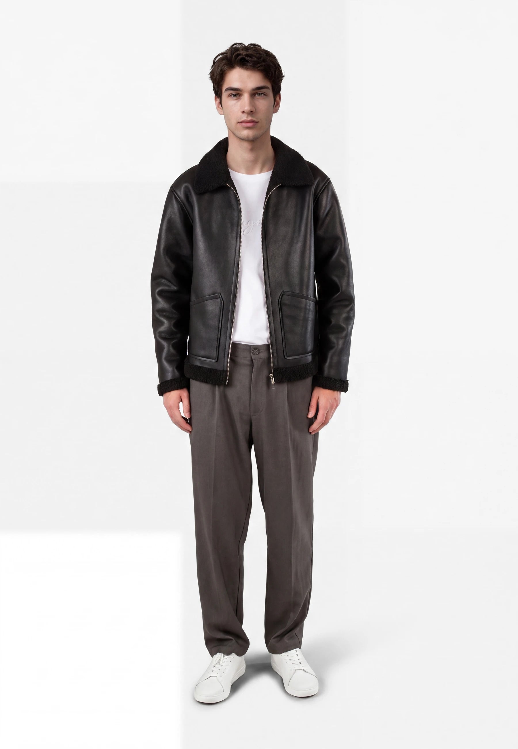 Loux shearling jacket - Black, front view on model