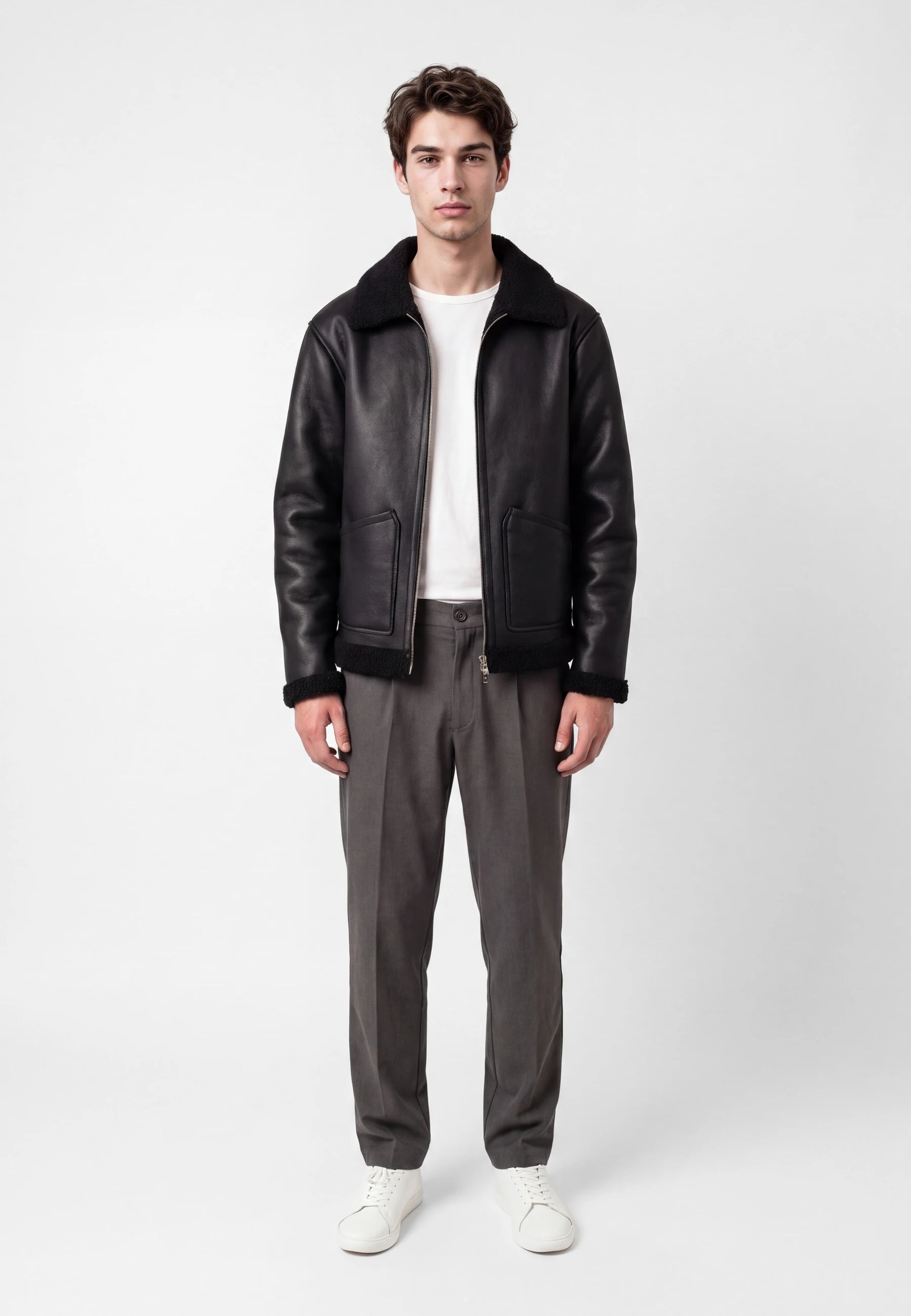 Loux shearling jacket - Black, front view on model