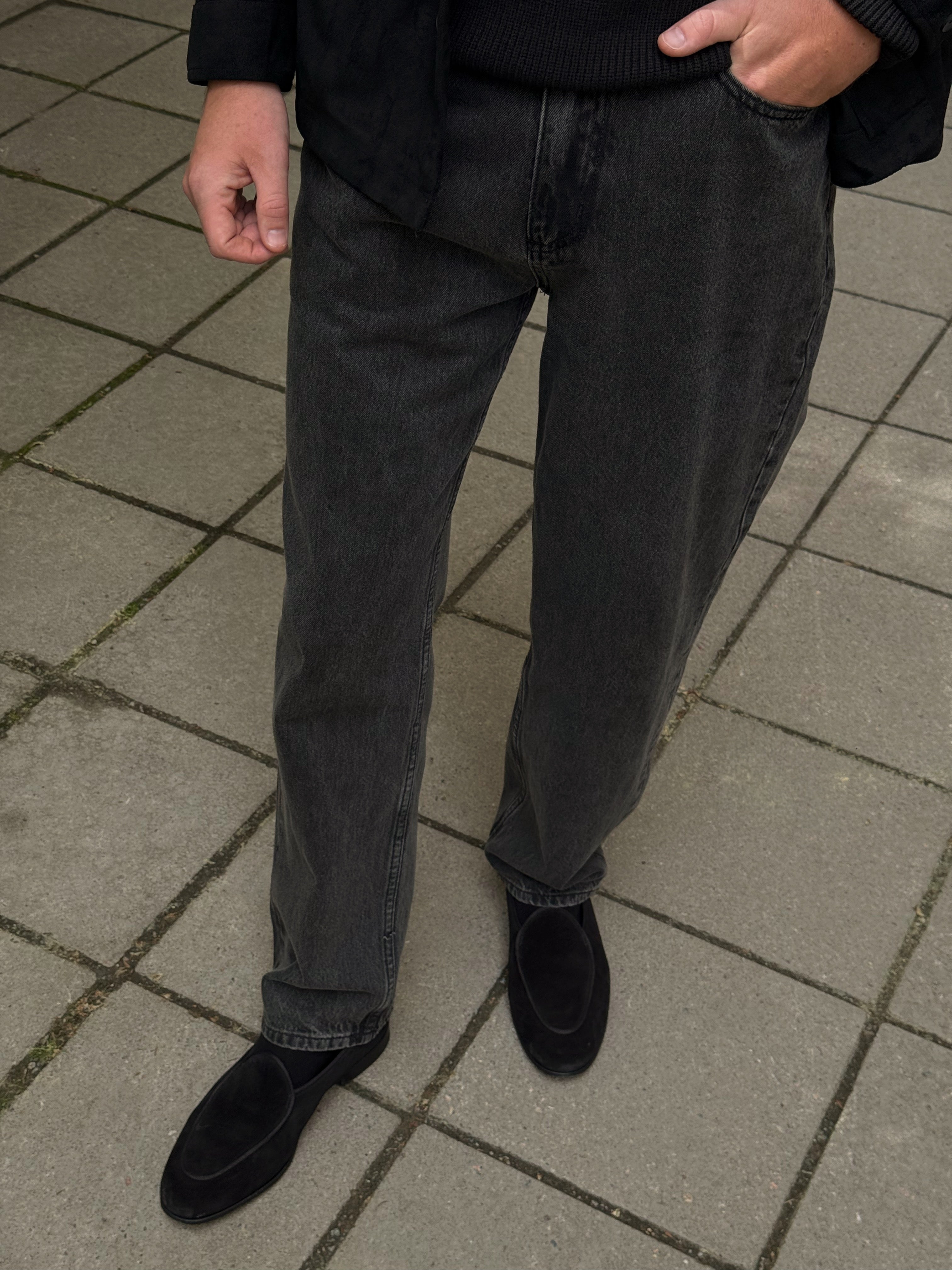 Ciszere tailored grey jeans and black suede loafers, detail
