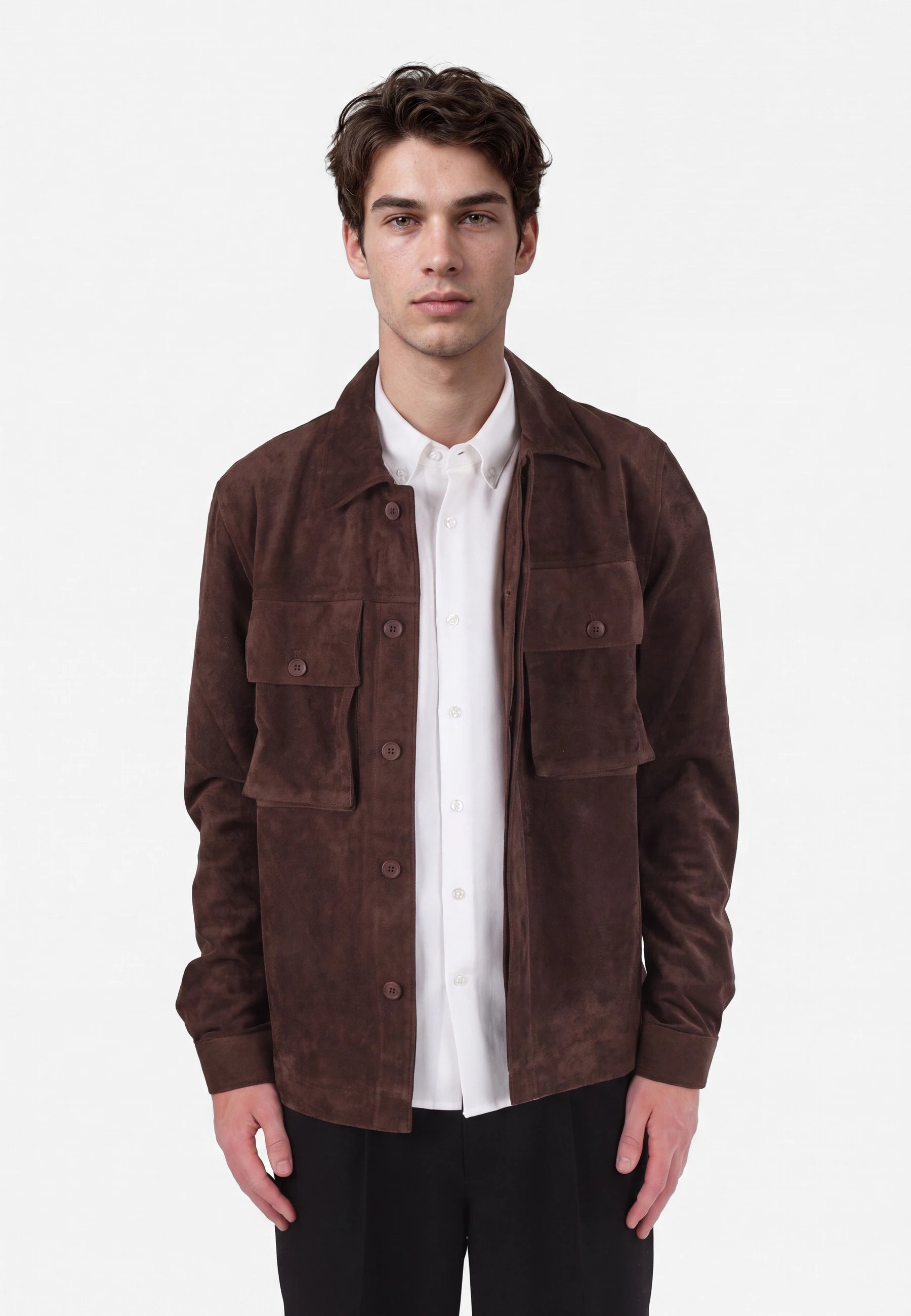 Nash vegan suede jacket - Java, detail of the fabric and fastening on model