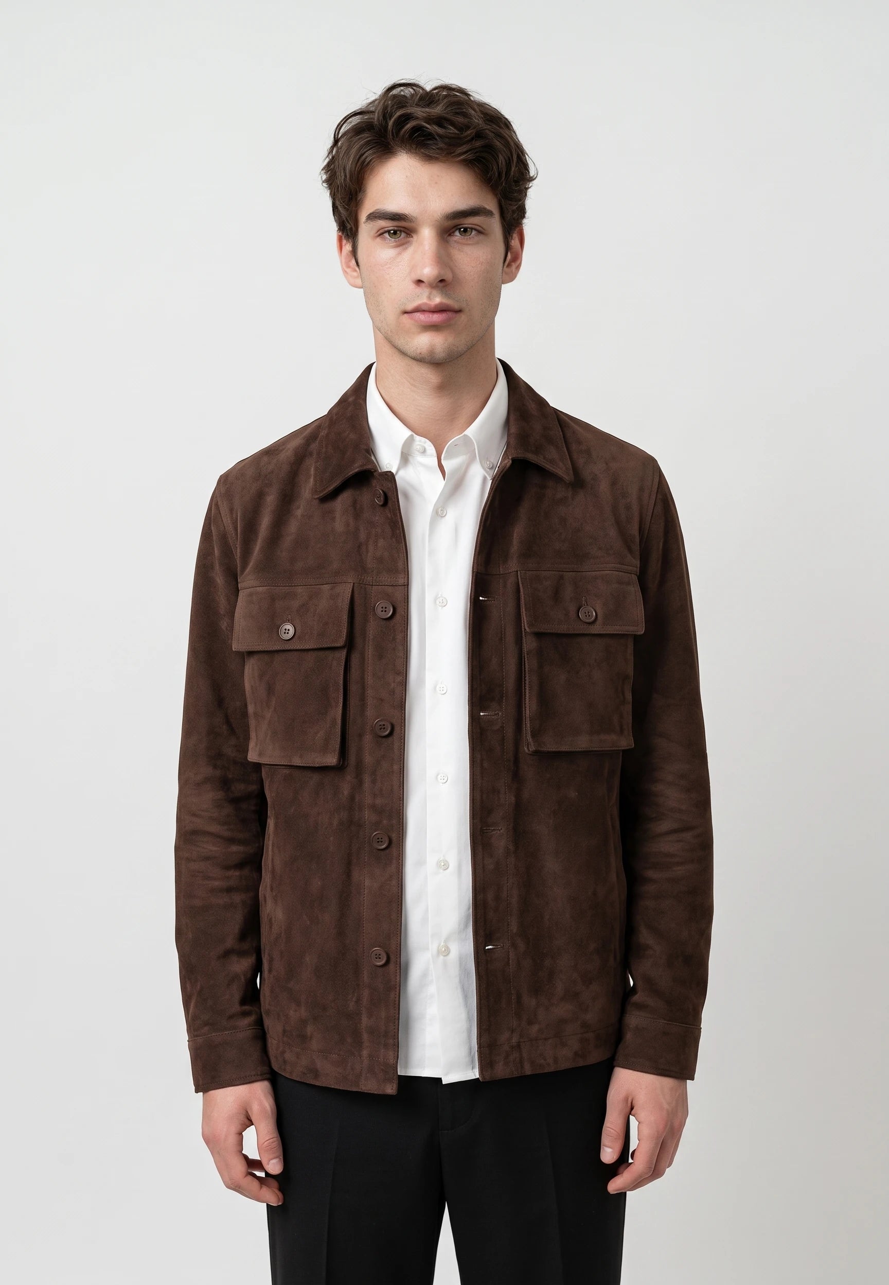 Nash vegan suede jacket - Java, detail of the fabric and fastening on model